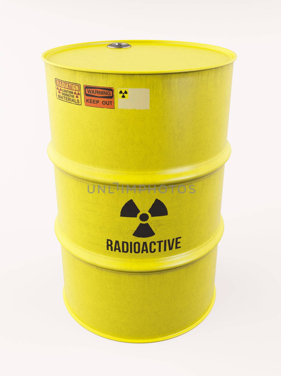 Yellow barrel with radioactive materials, special warning signs, 3d render