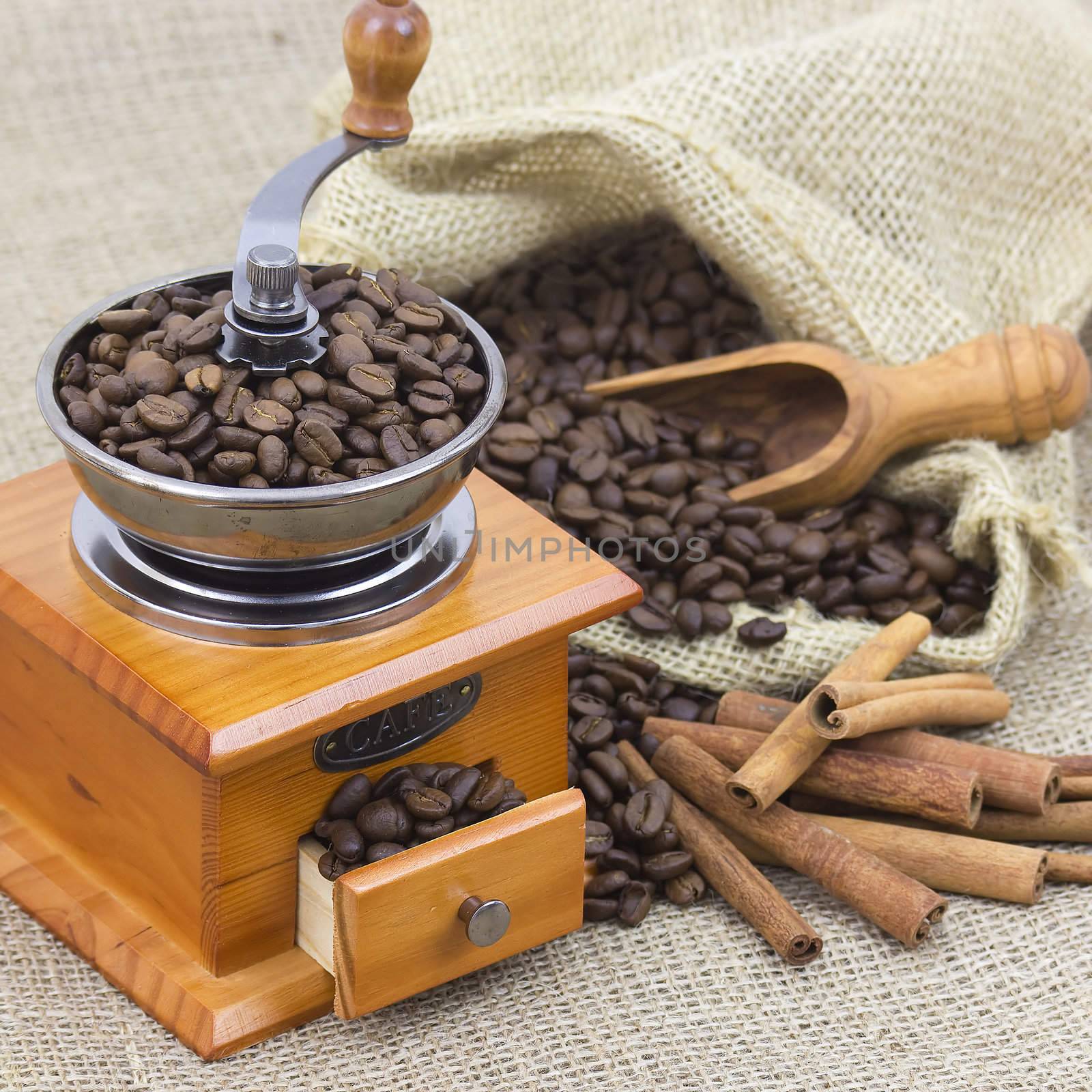 coffee beans, cinnamon and coffee grinder  by miradrozdowski