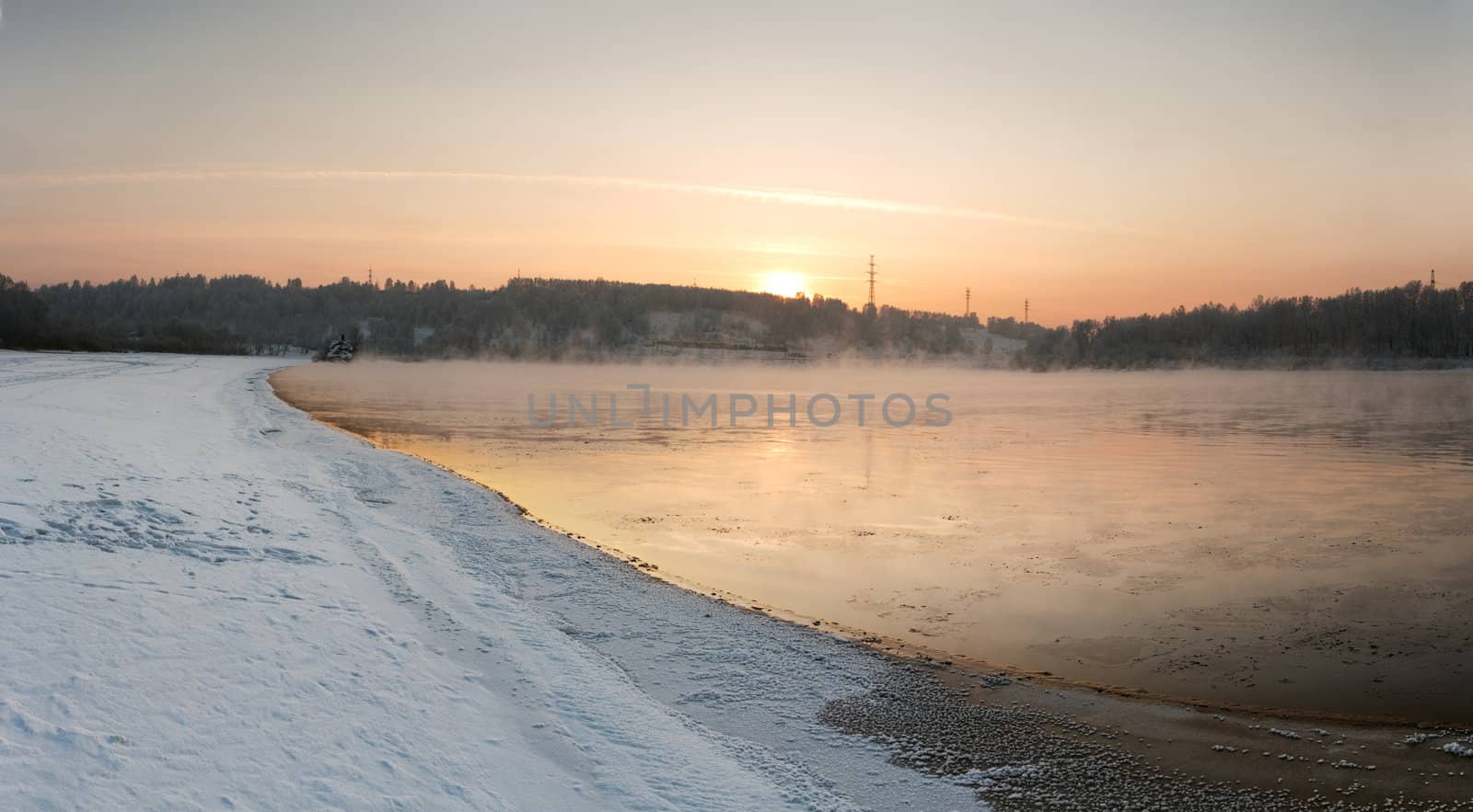 sunset on the river in winter