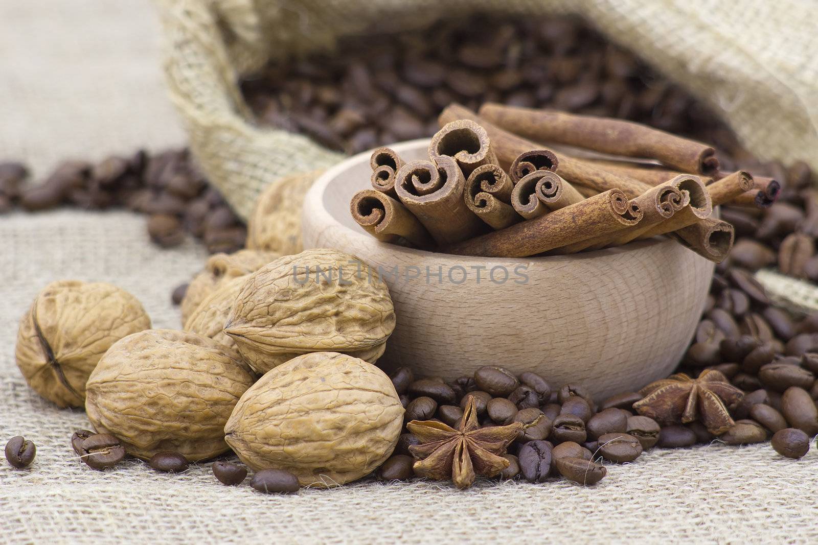 anise, cinnamon sticks, walnuts and coffee beans