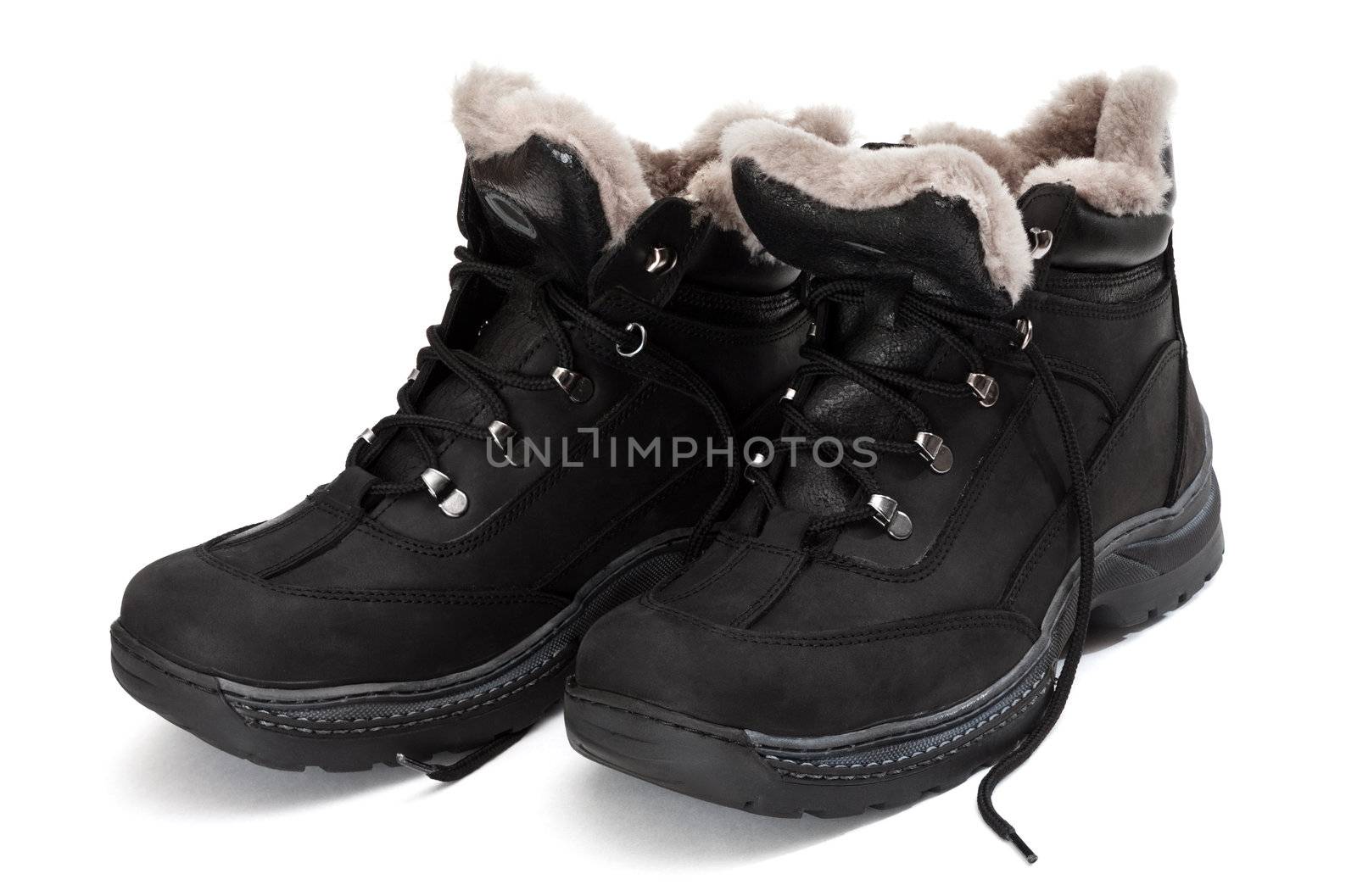 Black winter man's boots on a white background