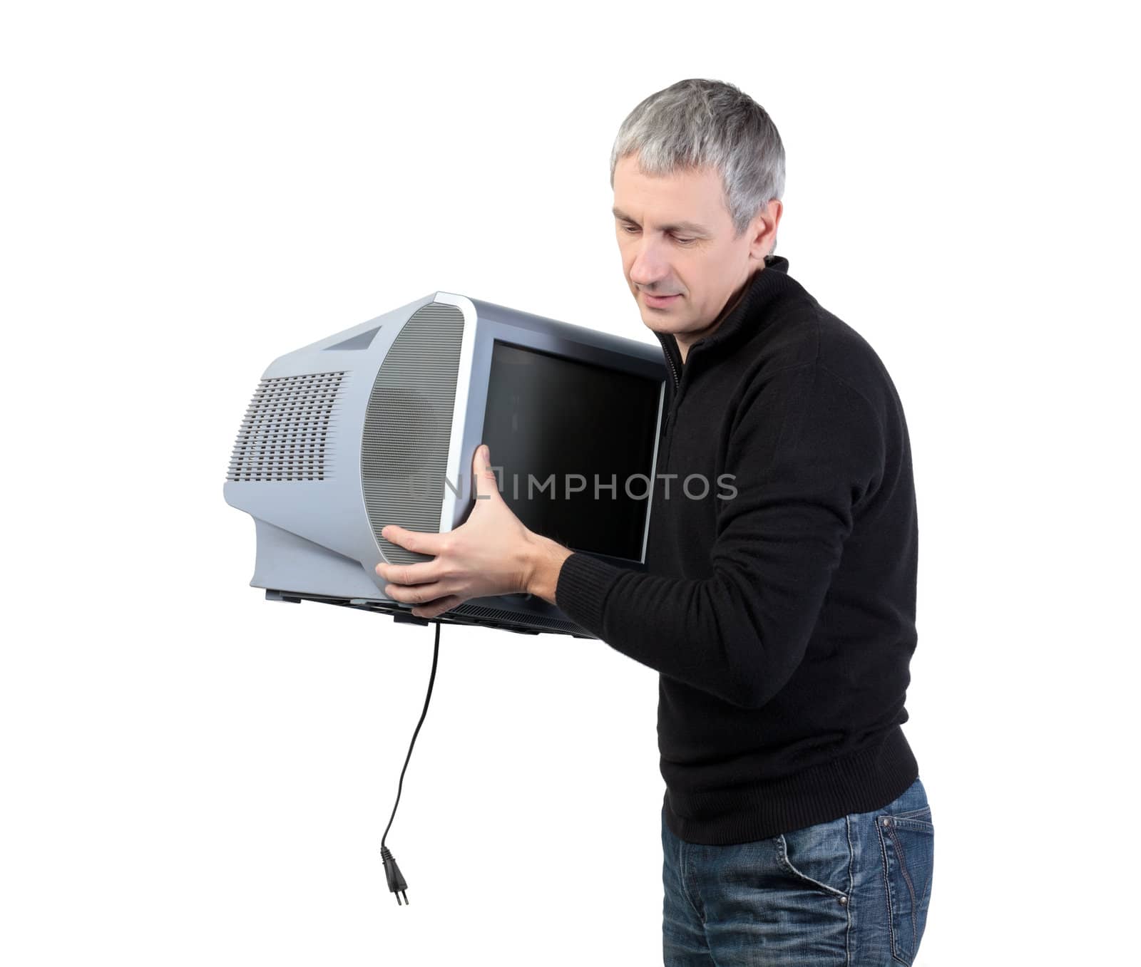 Man throws old TV, on white background
