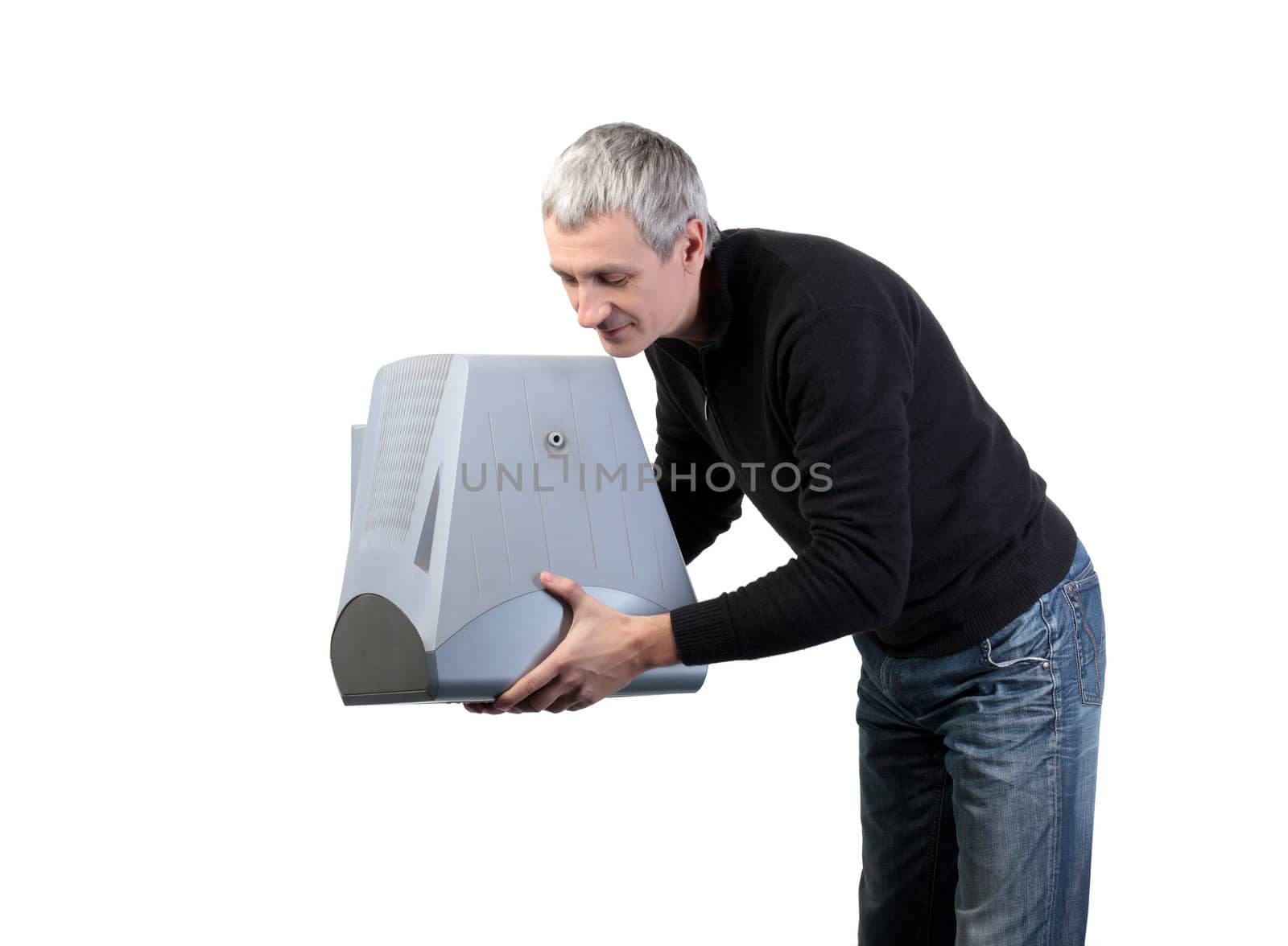 Man throws old TV, on white background