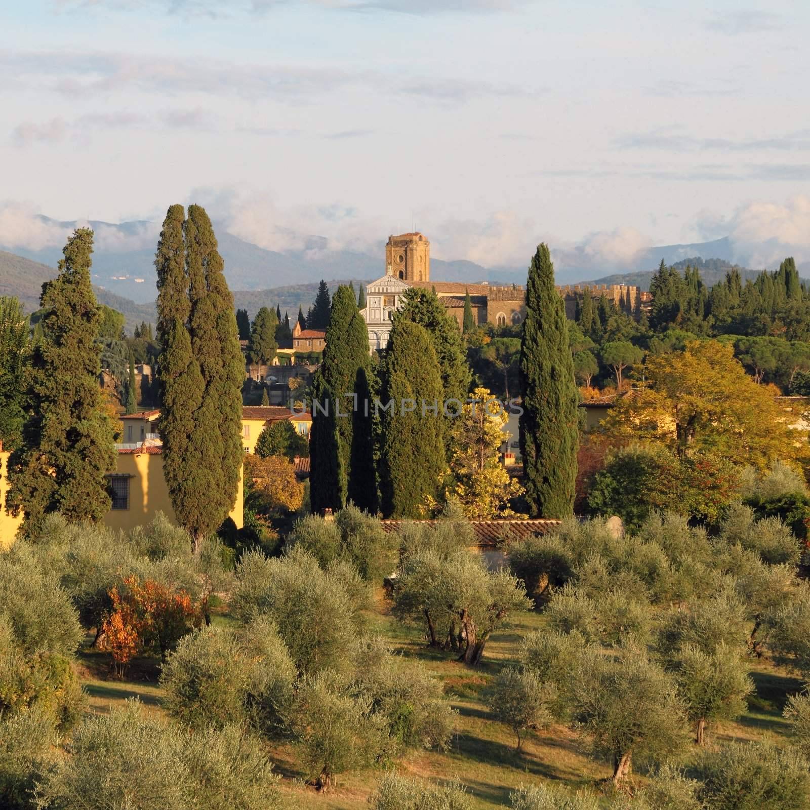 mediterranean landscape at sunset light, view of San Miniato al Monte church in Florence, Tuscany, Italy, Europe