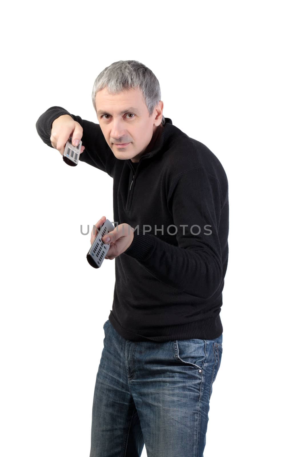 man changing channel with a remote control on white background