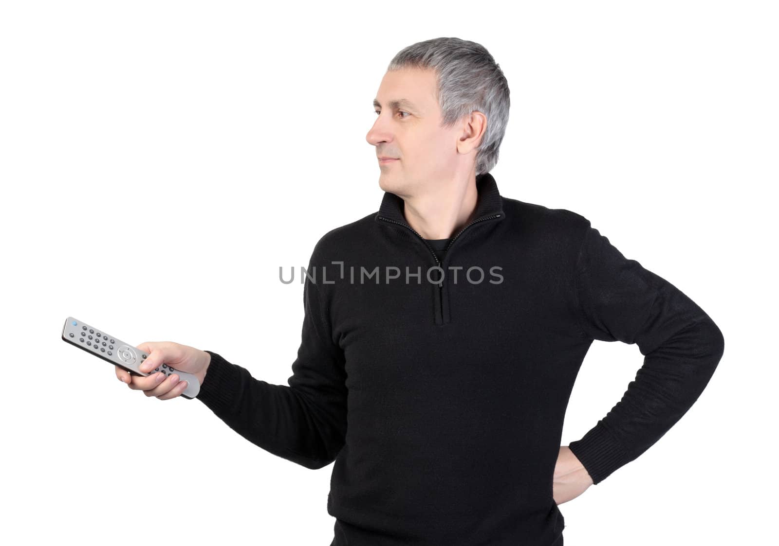 man changing channel with a remote control on white background
