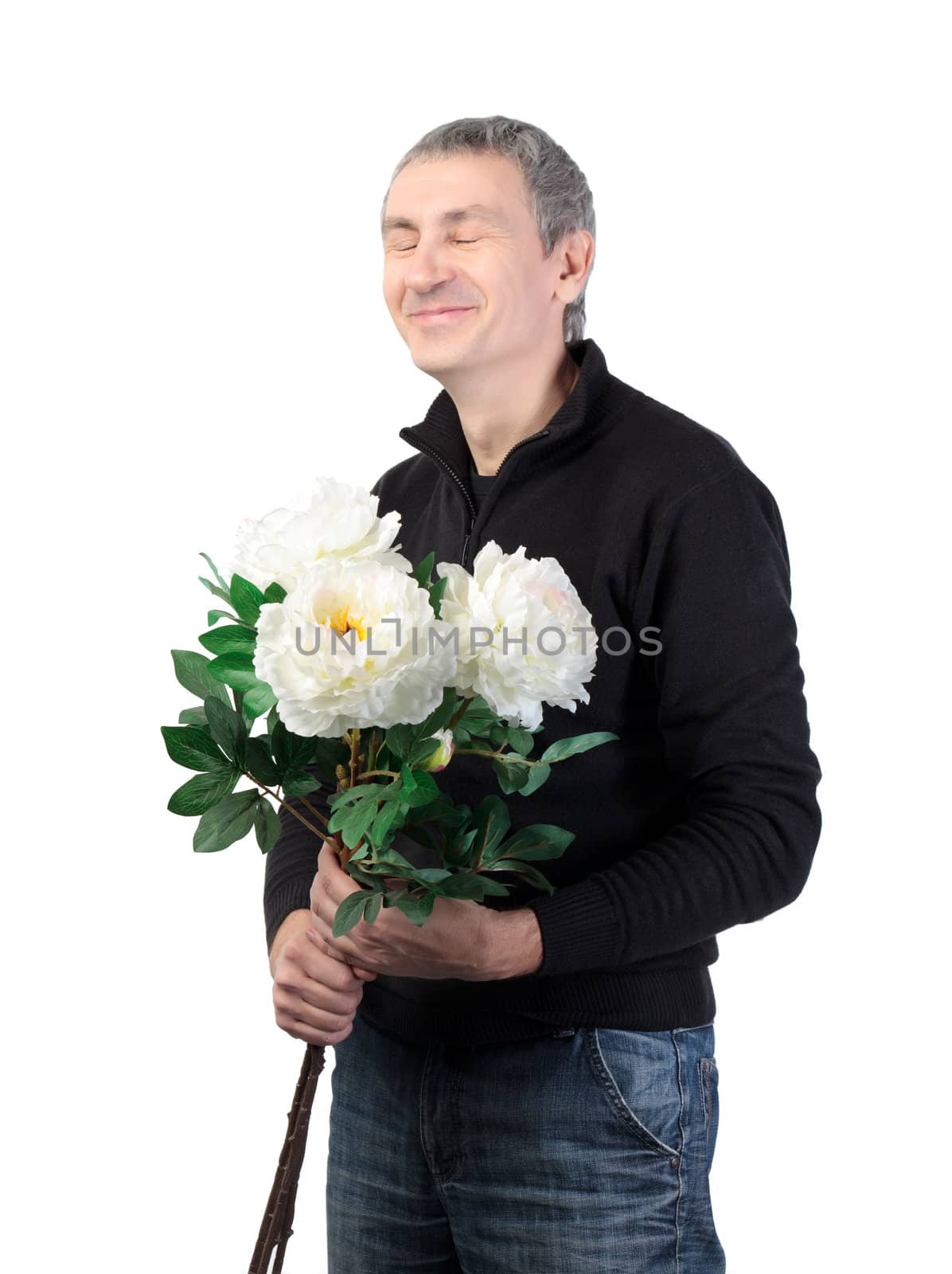 Man holding a bouquet of flowers on white background
