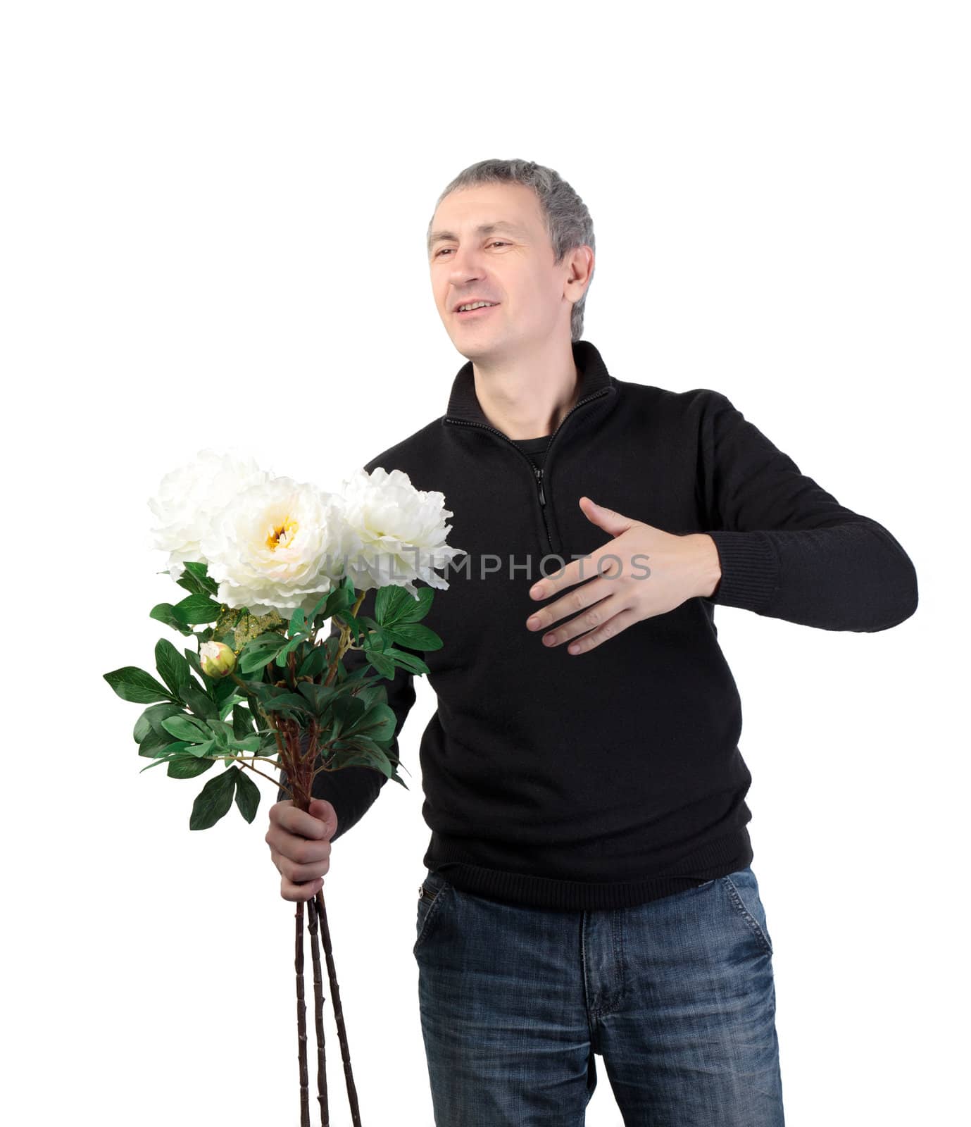 Man holding a bouquet of flowers on white background