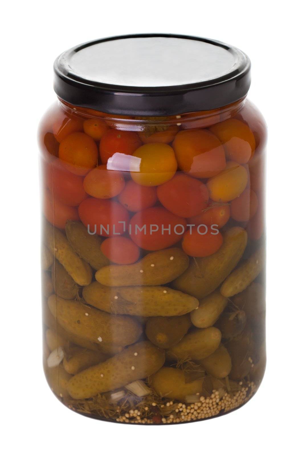 Pickled cucumber tomato vegetable food glass jar