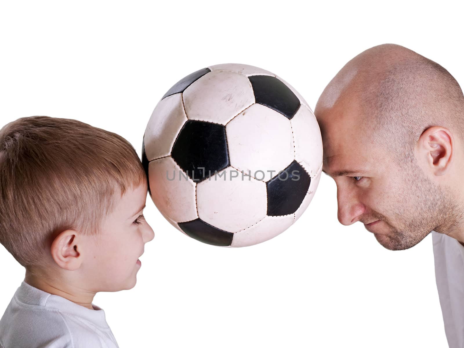 Black white football or soccer sport ball on head