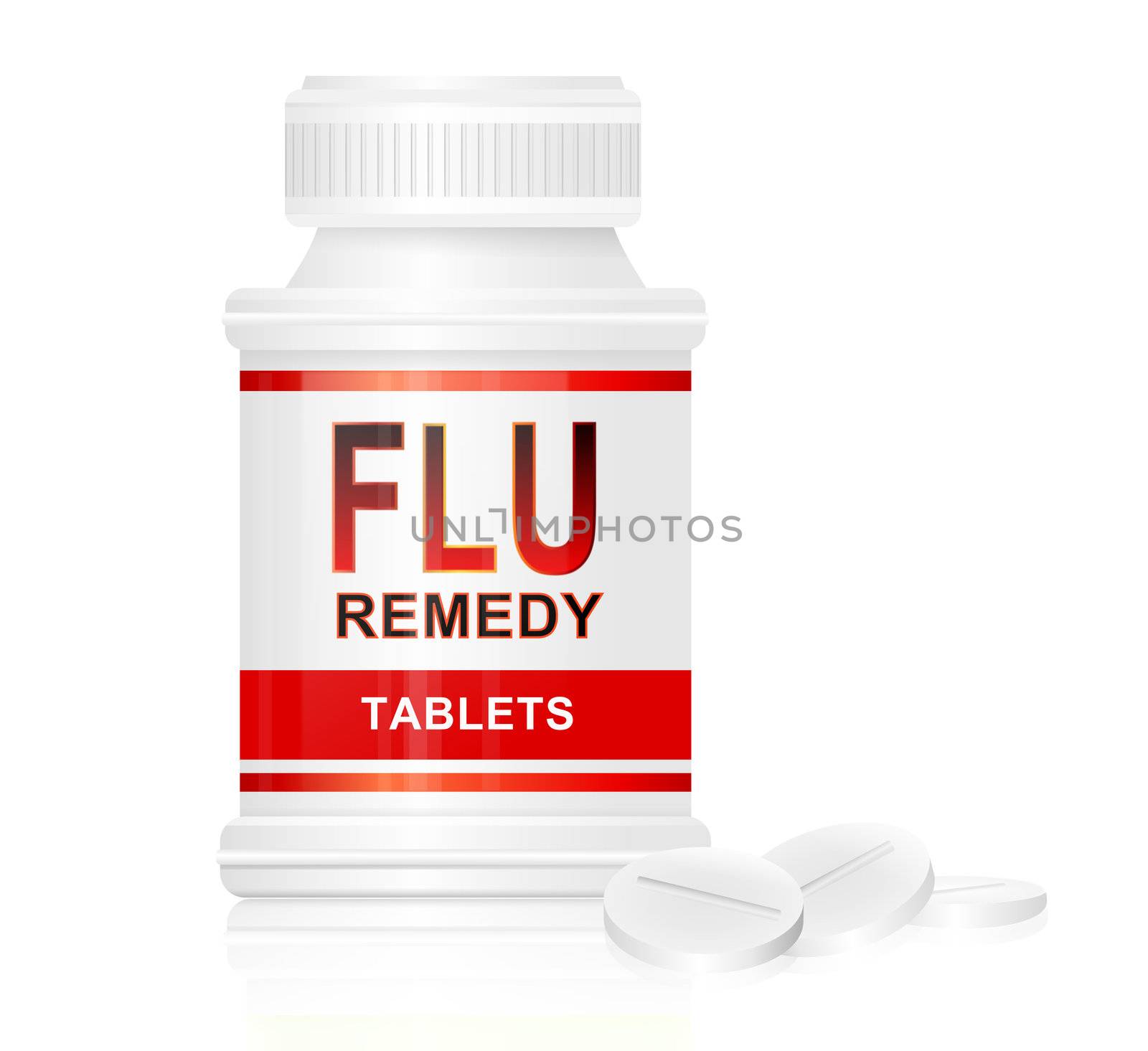 Illustration depicting a single white and red medication container with the words 'flu remedy tablets' on the front with white background and a few tablets in the foreground.