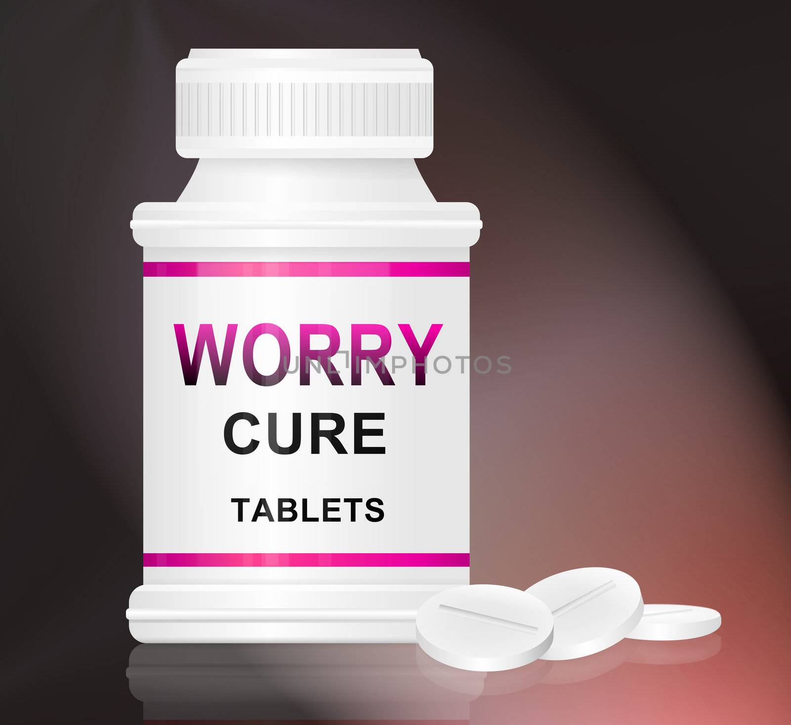 Illustration depicting a single white and red medication container with the words 'worry cure tablets' on the front with red and black background and a few tablets in the foreground.
