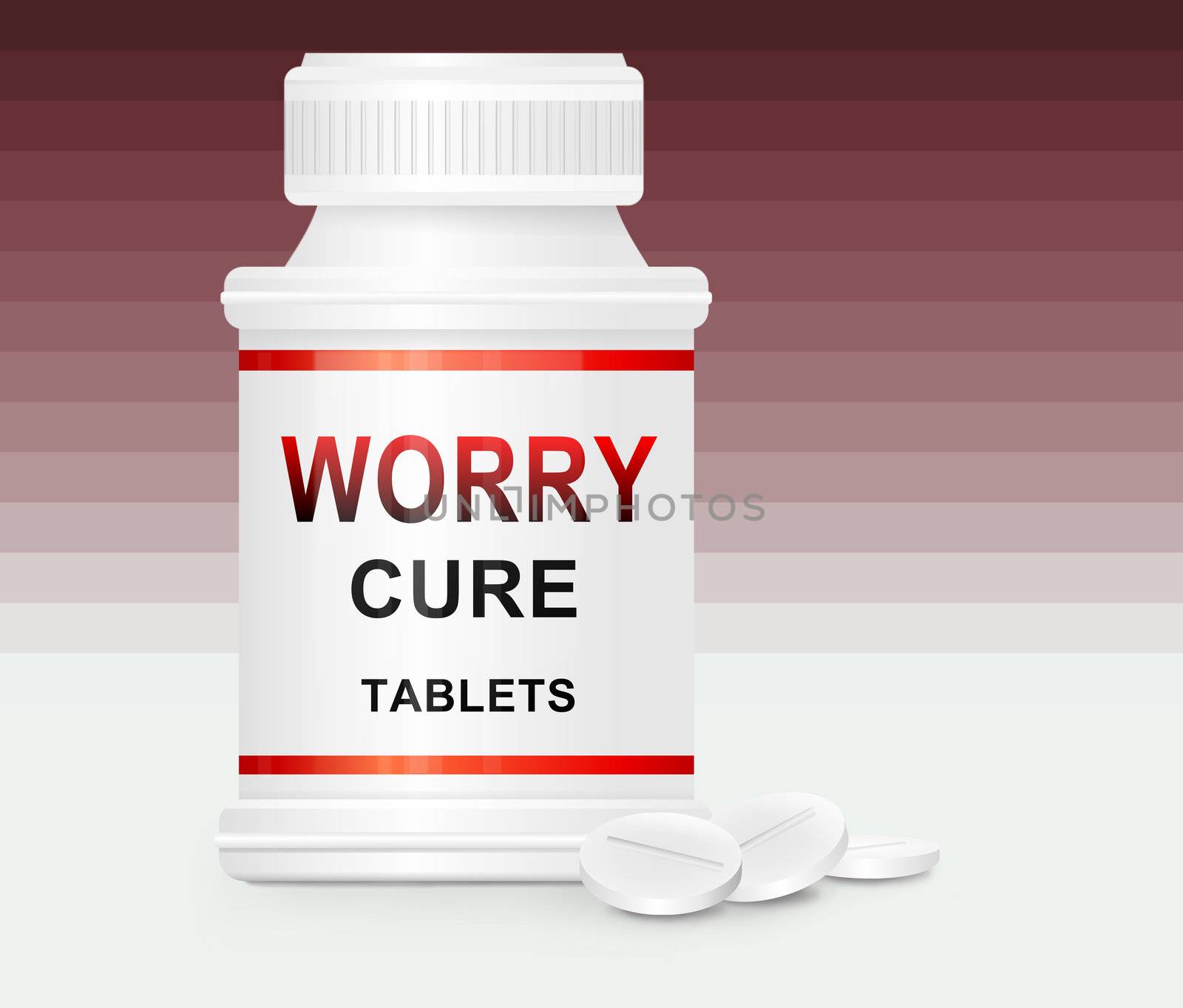 Illustration depicting a single white and red medication container with the words 'confidence boosting pills' on the front with red gradient stripe background and a few tablets in the foreground.