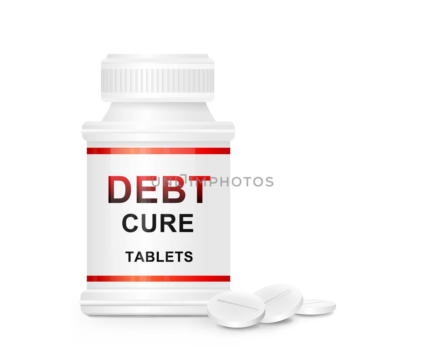 Illustration depicting a single white and red medication container with the words 'debt cure tablets' on the front with white background and a few tablets in the foreground.