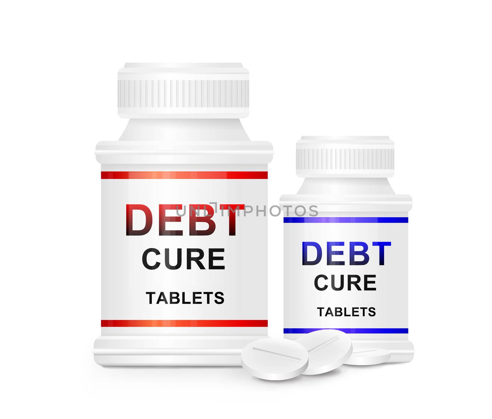 Illustration depicting two medication containers with the words 'debt cure tablets' on the front with white background and a few tablets in the foreground.