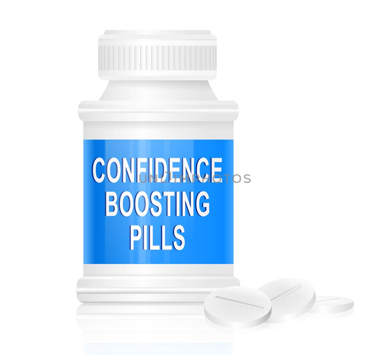Illustration depicting a single white and blue medication container with the words 'confidence boosting pills' on the front with white background and a few tablets in the foreground.