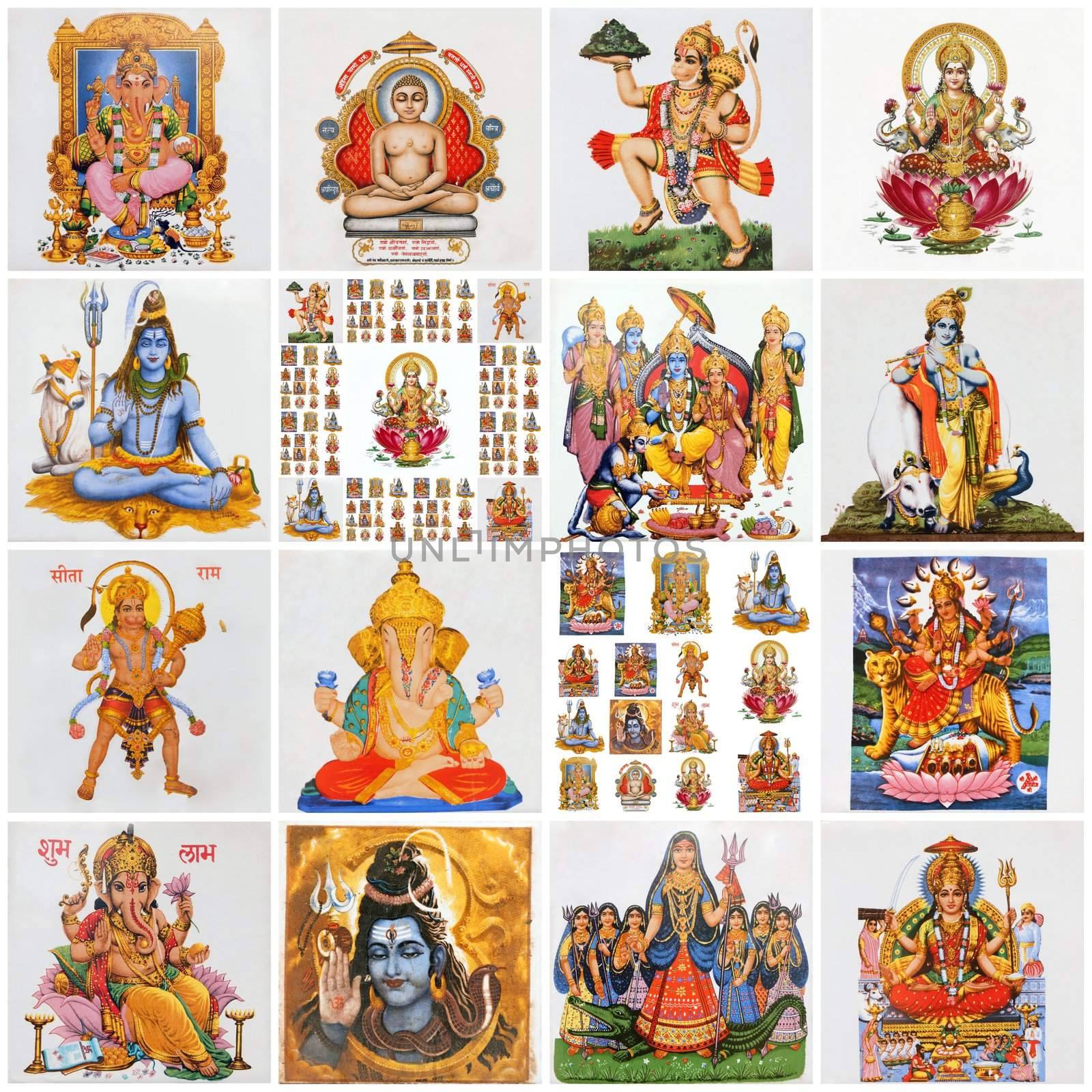 collage with variety of asian religious symbols as: Lakshmi, Ganesha, Hanuman, Vishnu, Shiva, Parvati, Durga, Buddha, Rama,Krishna,