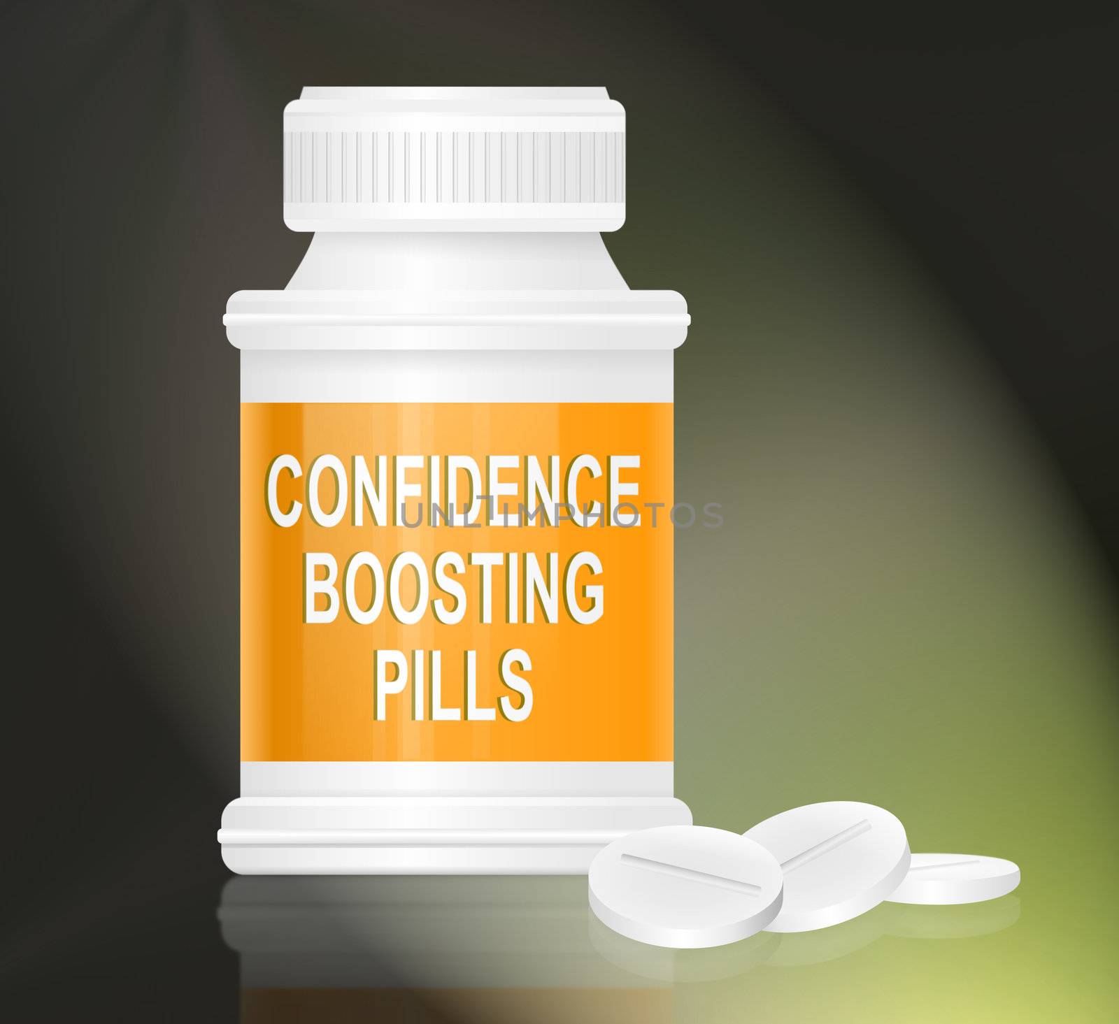 Illustration depicting a single white and yellow medication container with the words 'confidence boosting pills' on the front with grey background and a few tablets in the foreground.