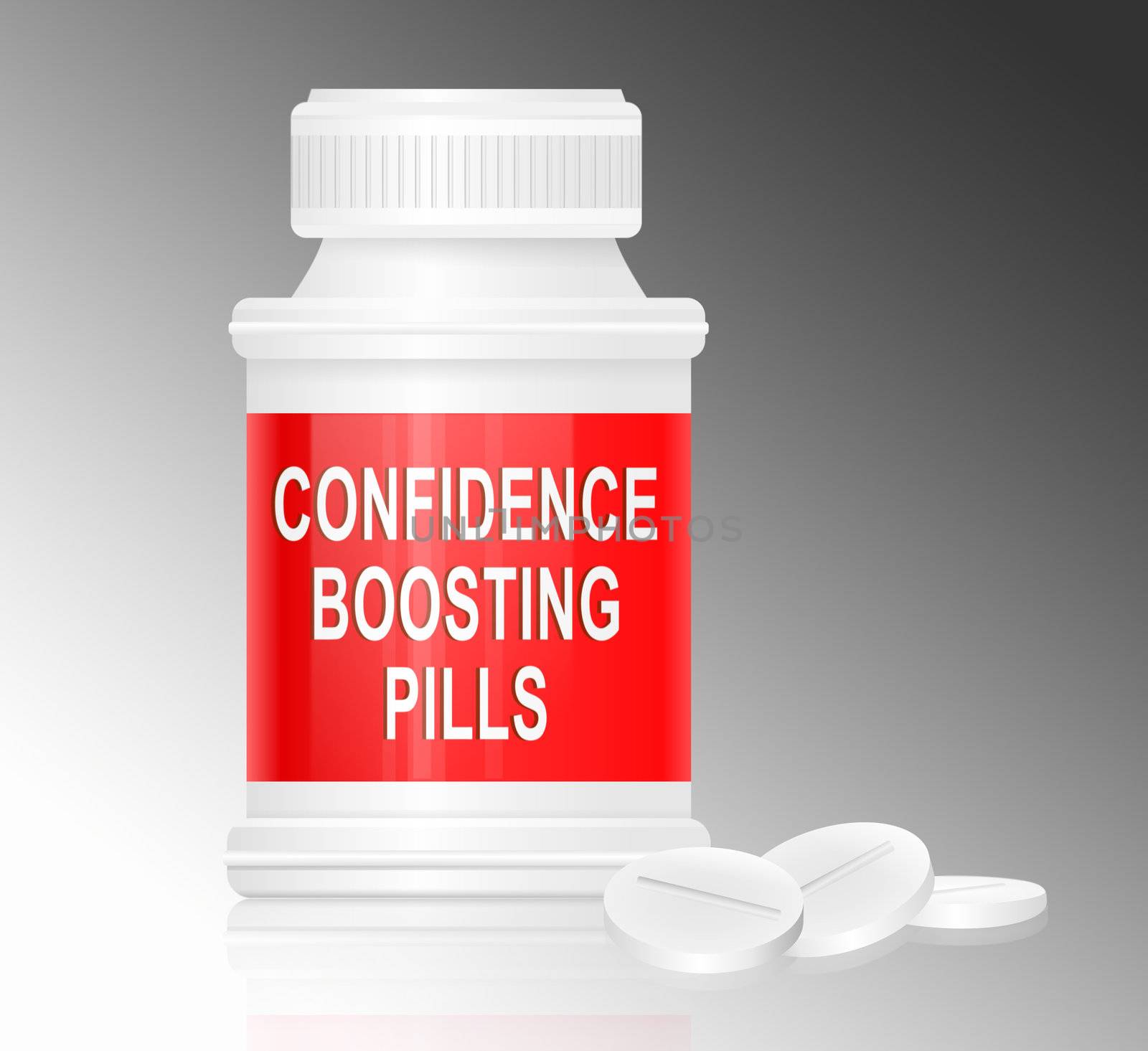 Illustration depicting a single white and red medication container with the words 'confidence boosting pills' on the front with grey background and a few tablets in the foreground.