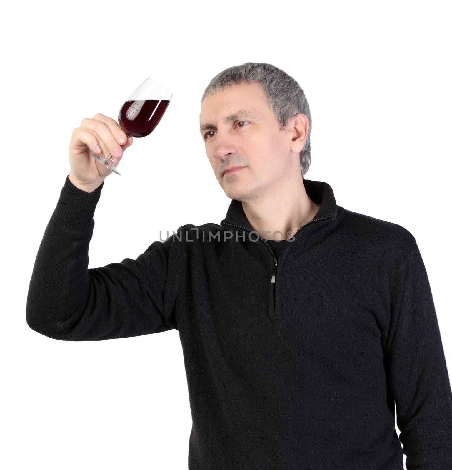 Man holding a glass of red port wine, on white background