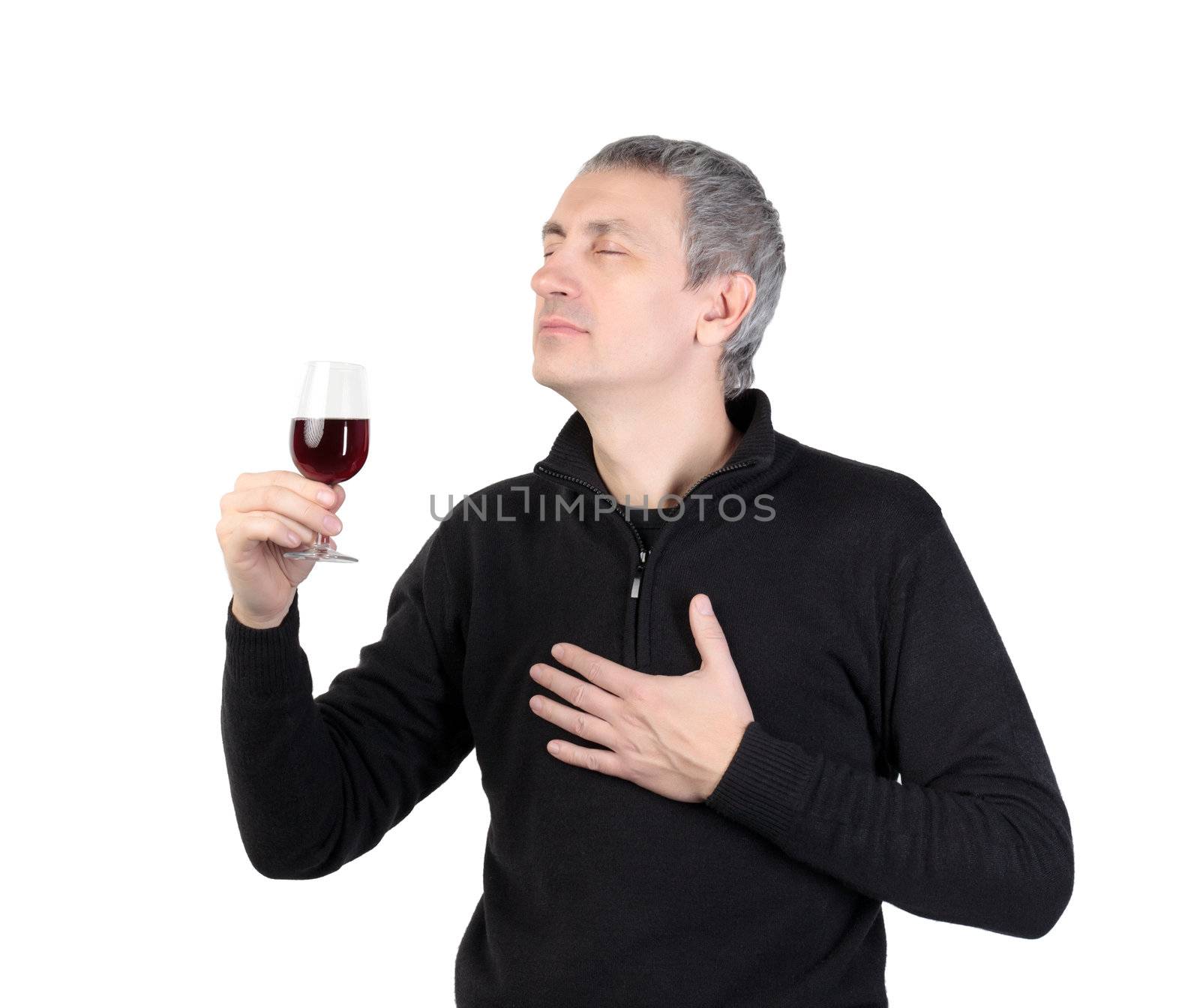 Man holding a glass of red port wine, on white background