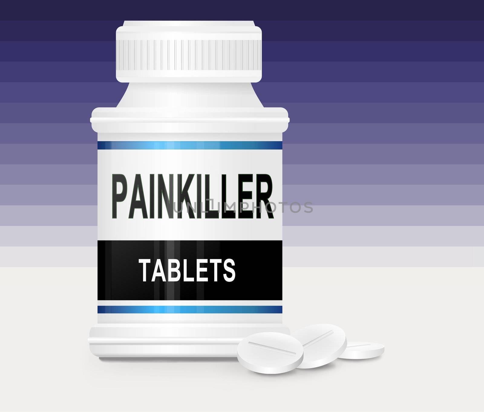 Illustration depicting a single medication container with the words 'painkiller tablets' on the front with blue gradient striped background and a few tablets in the foreground.