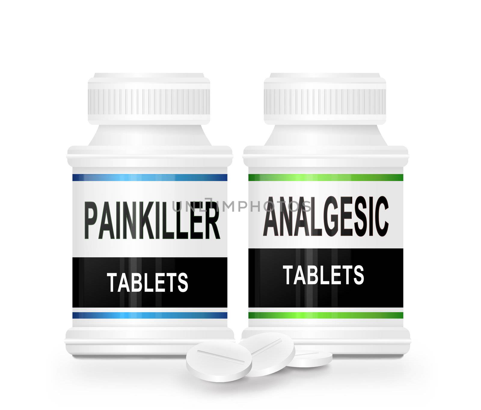 Illustration depicting two medication containes with the words 'painkiller tablets' and 'analgesic tablets' on the front with white background and a few tablets in the foreground.
