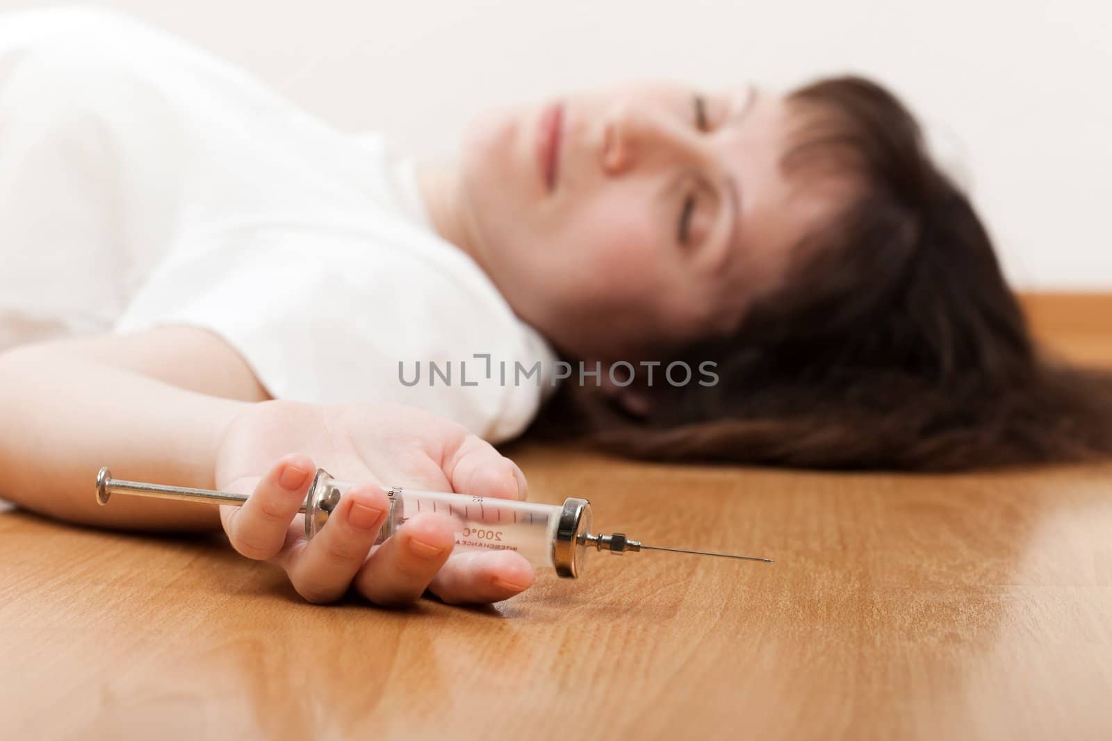 Narcotic drugs addict injecting medicine syringe