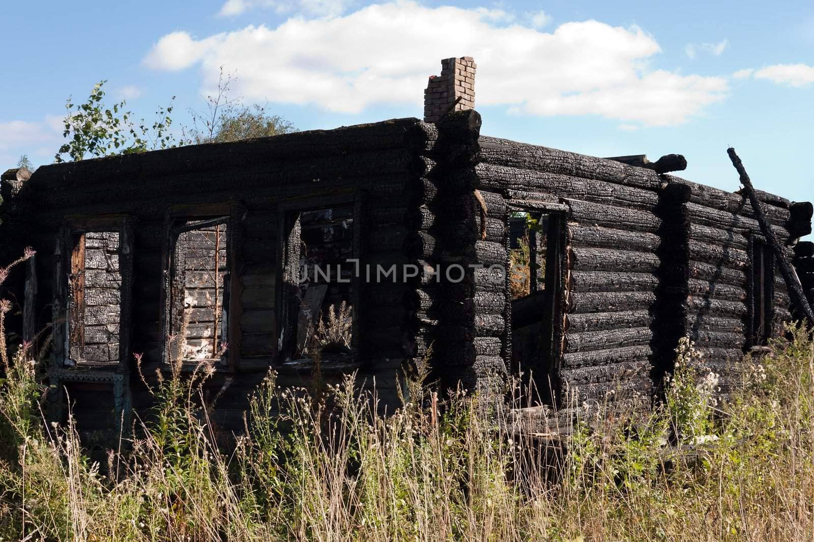 Fire heat burnt black coal ruined wood log house
