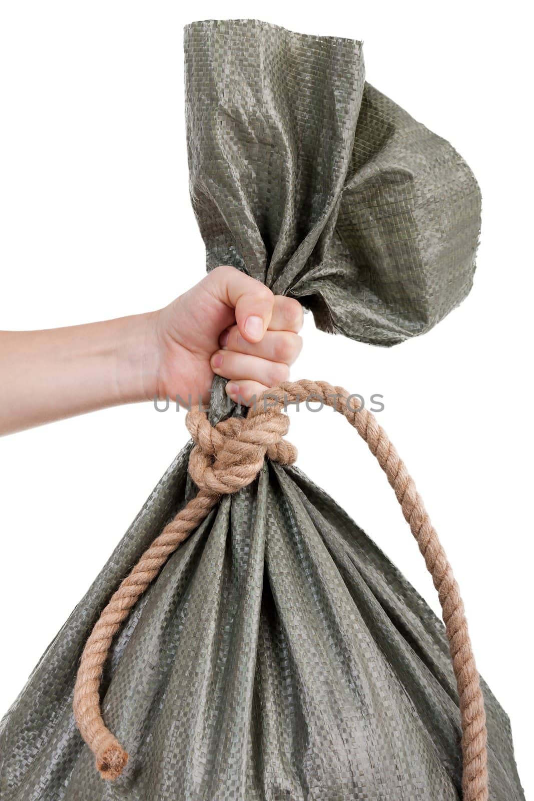 Rope knot tied full burlap gift garbage sack bag