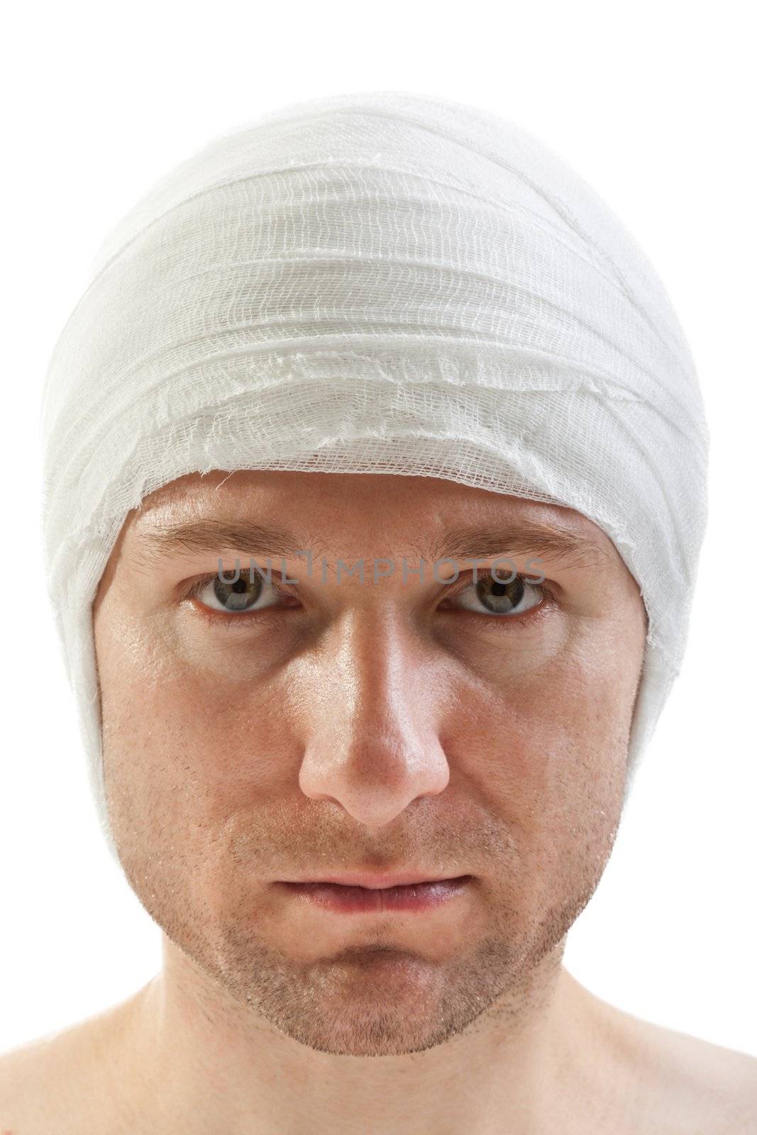 White bandage on human brain concussion wound head