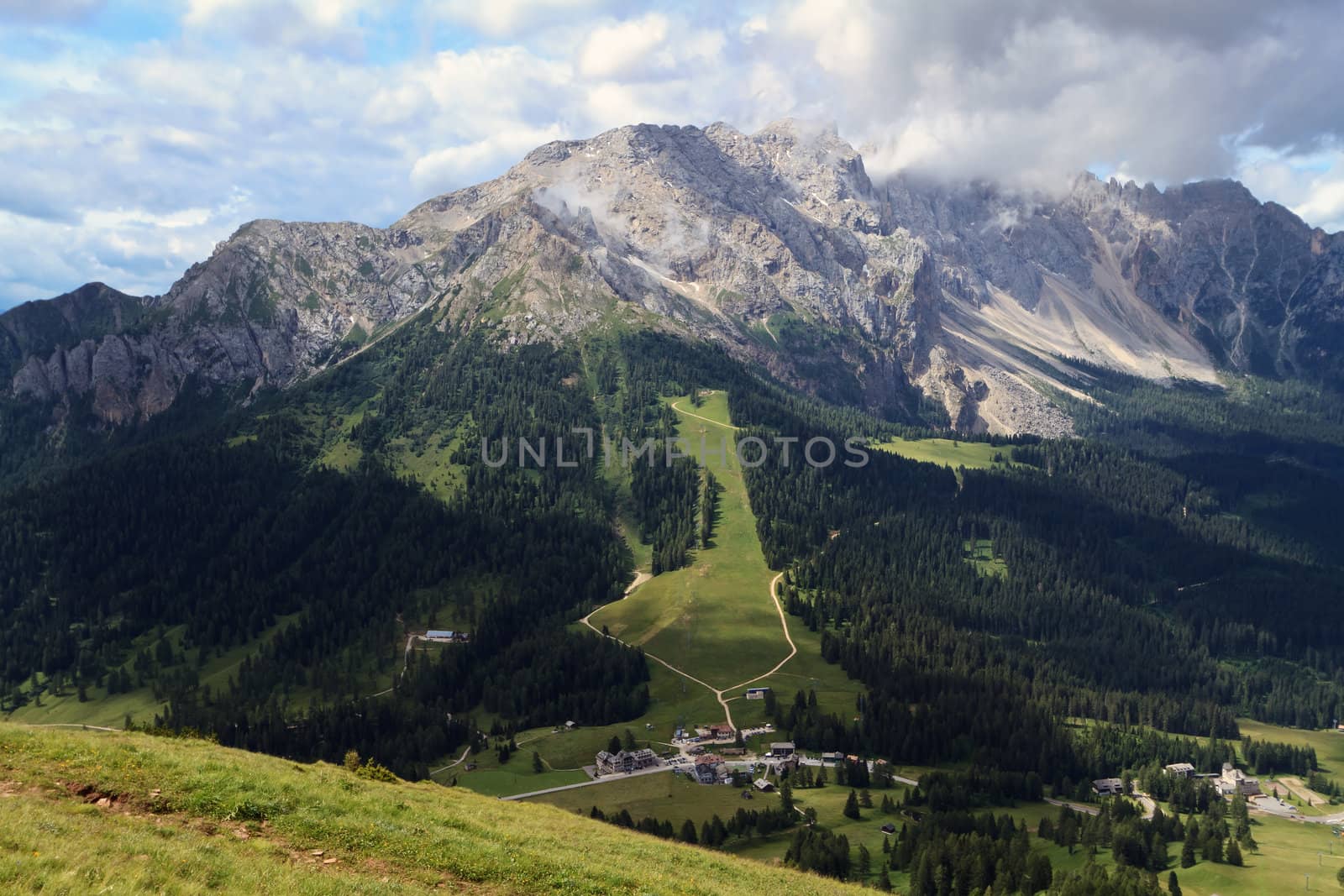 aerial view of Costalunga pass between Carezza and Vigo di Fassa, Italan Dolomites