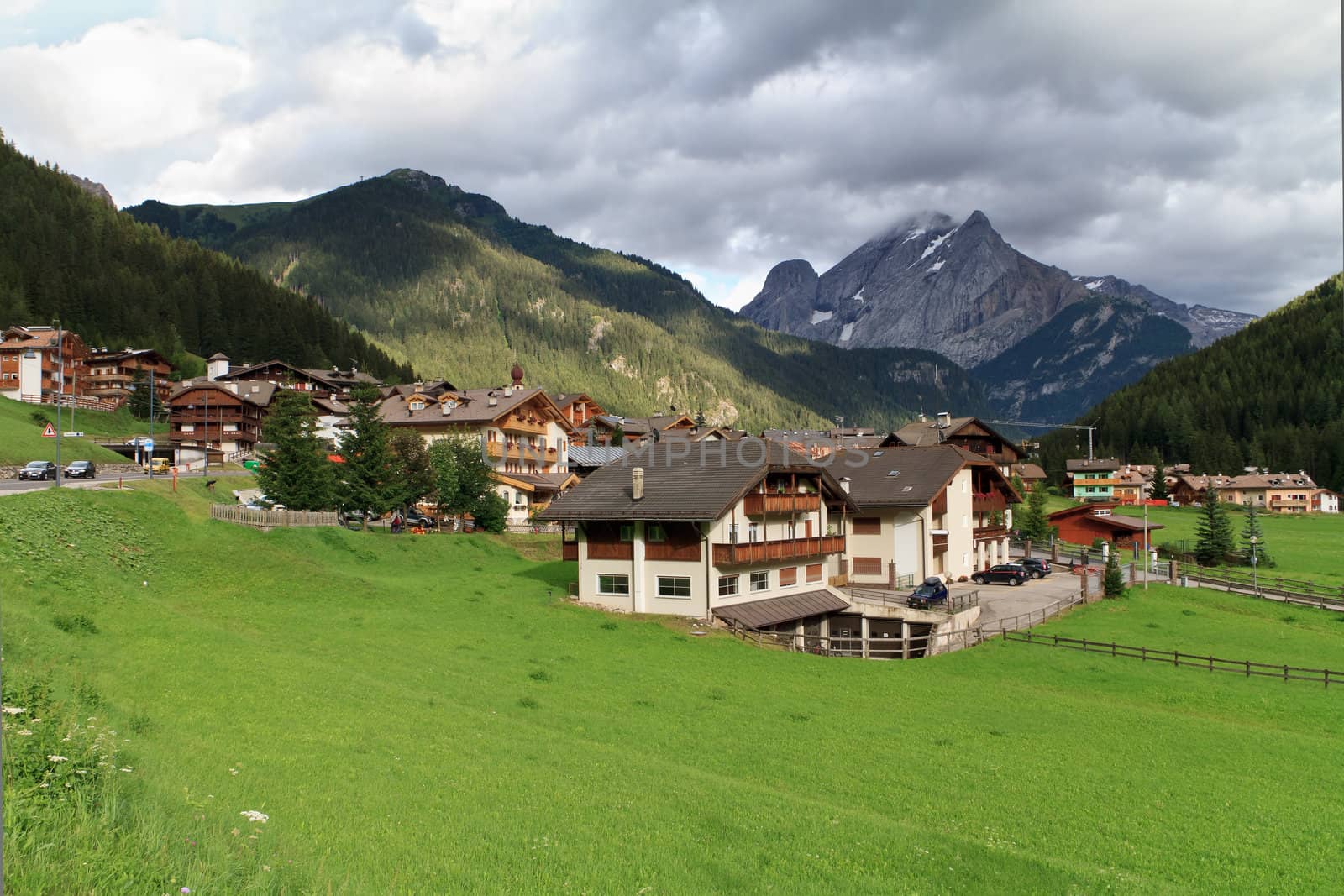 summer view of Fassa valley and Canazei village, Trentino, Italy
