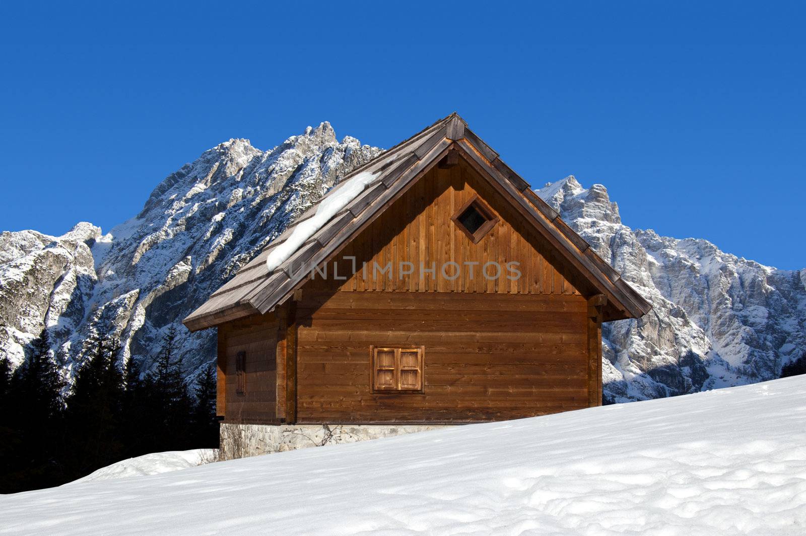 Wooden chalet in winter with snow-capped peaks - Alps Italy