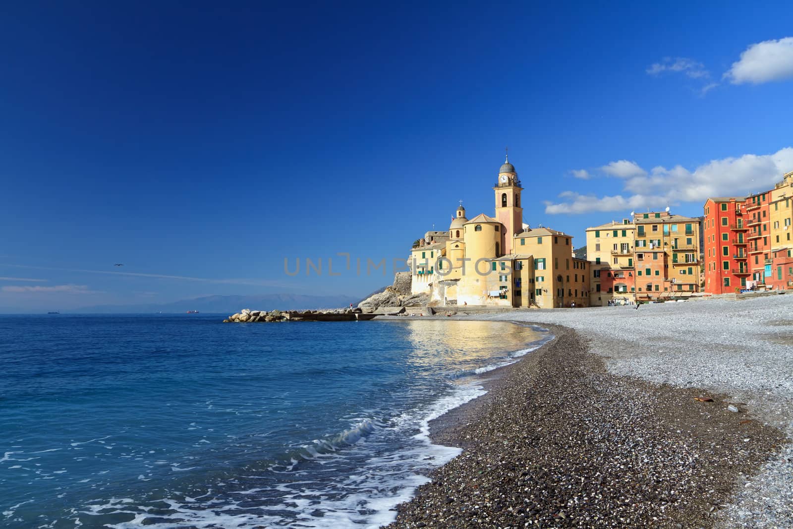 church and seafront of Camogli, famous small town in Liguria, Italy