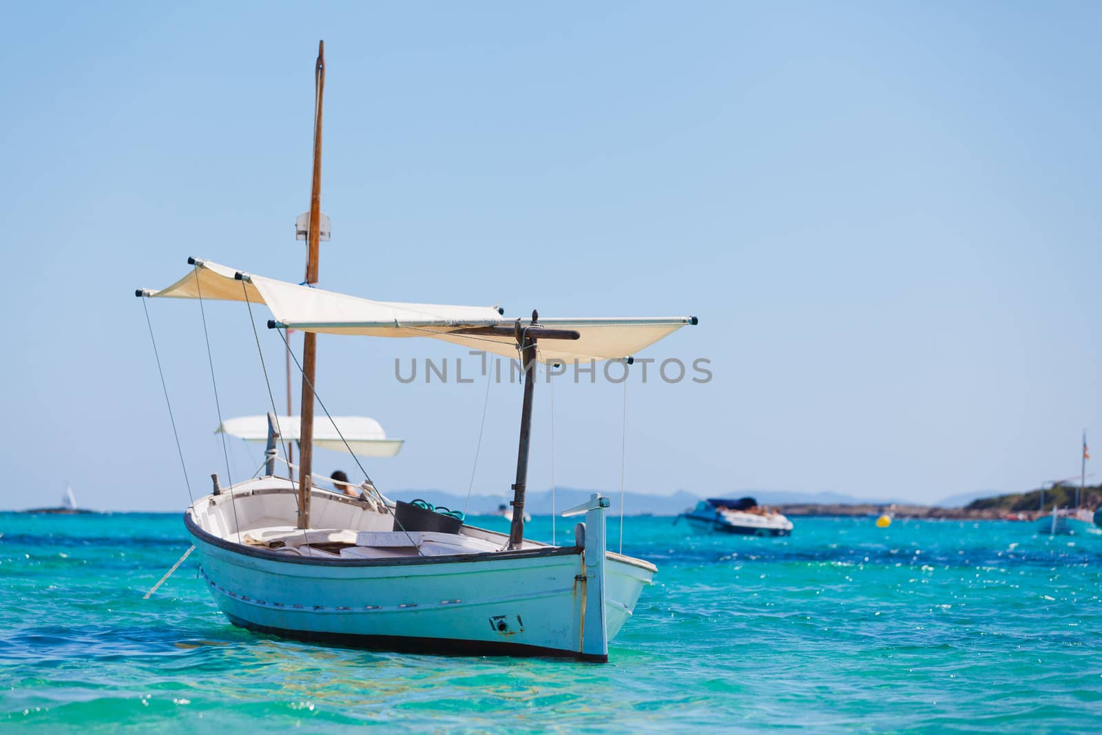 White boat at anchor in the bay of the Mediterranean Sea, Majorca