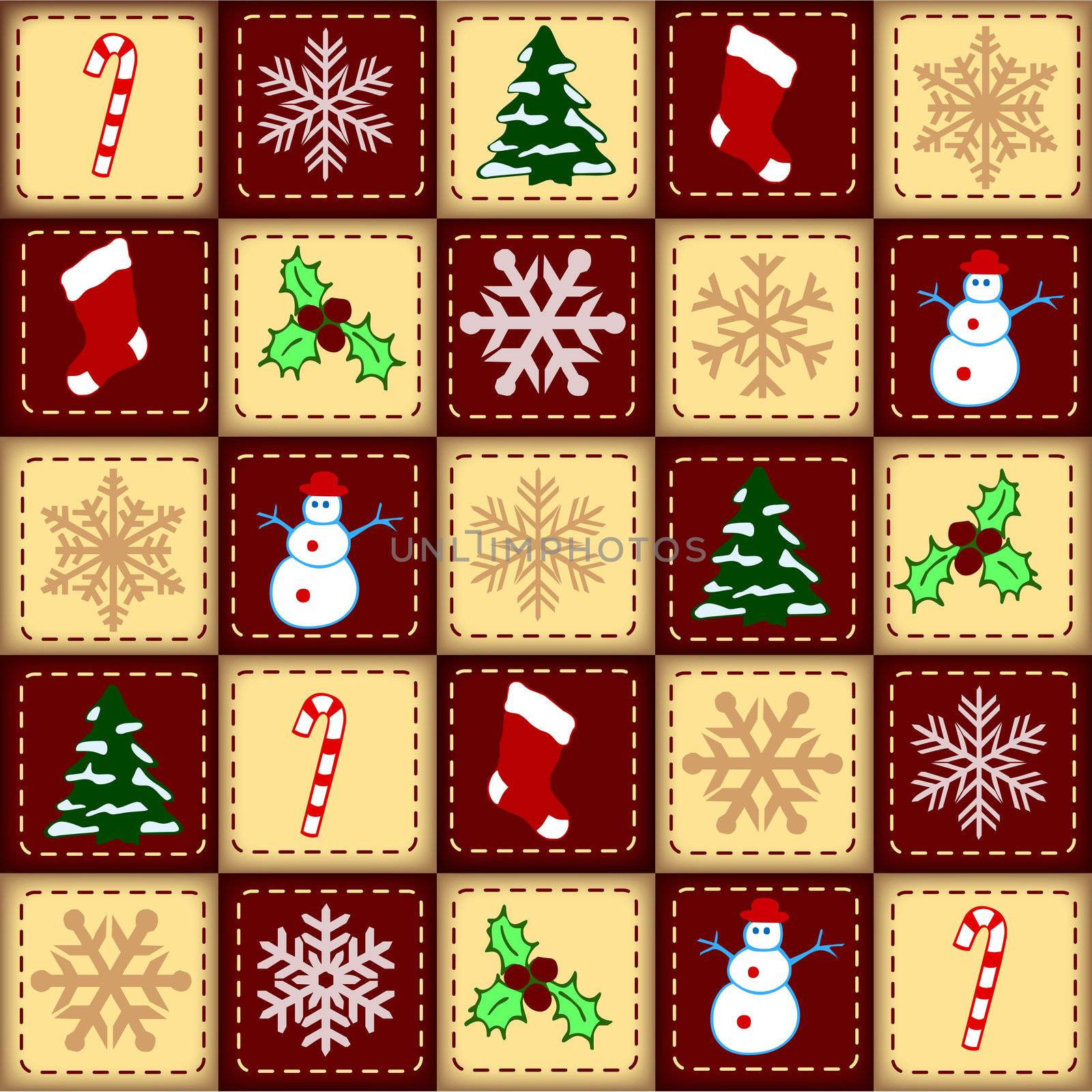 christmas elements over red and beige checked background