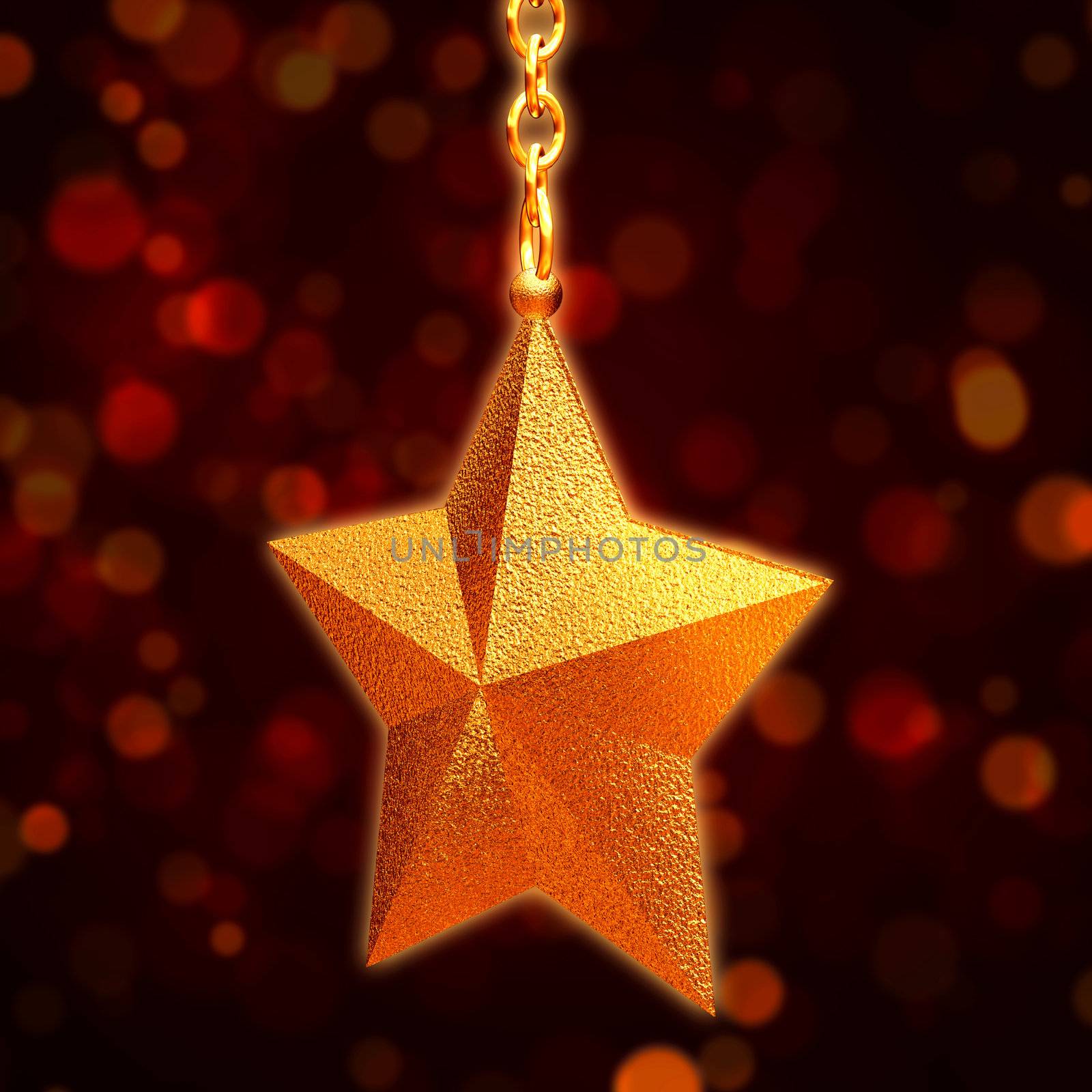 3d golden star with chains over red background