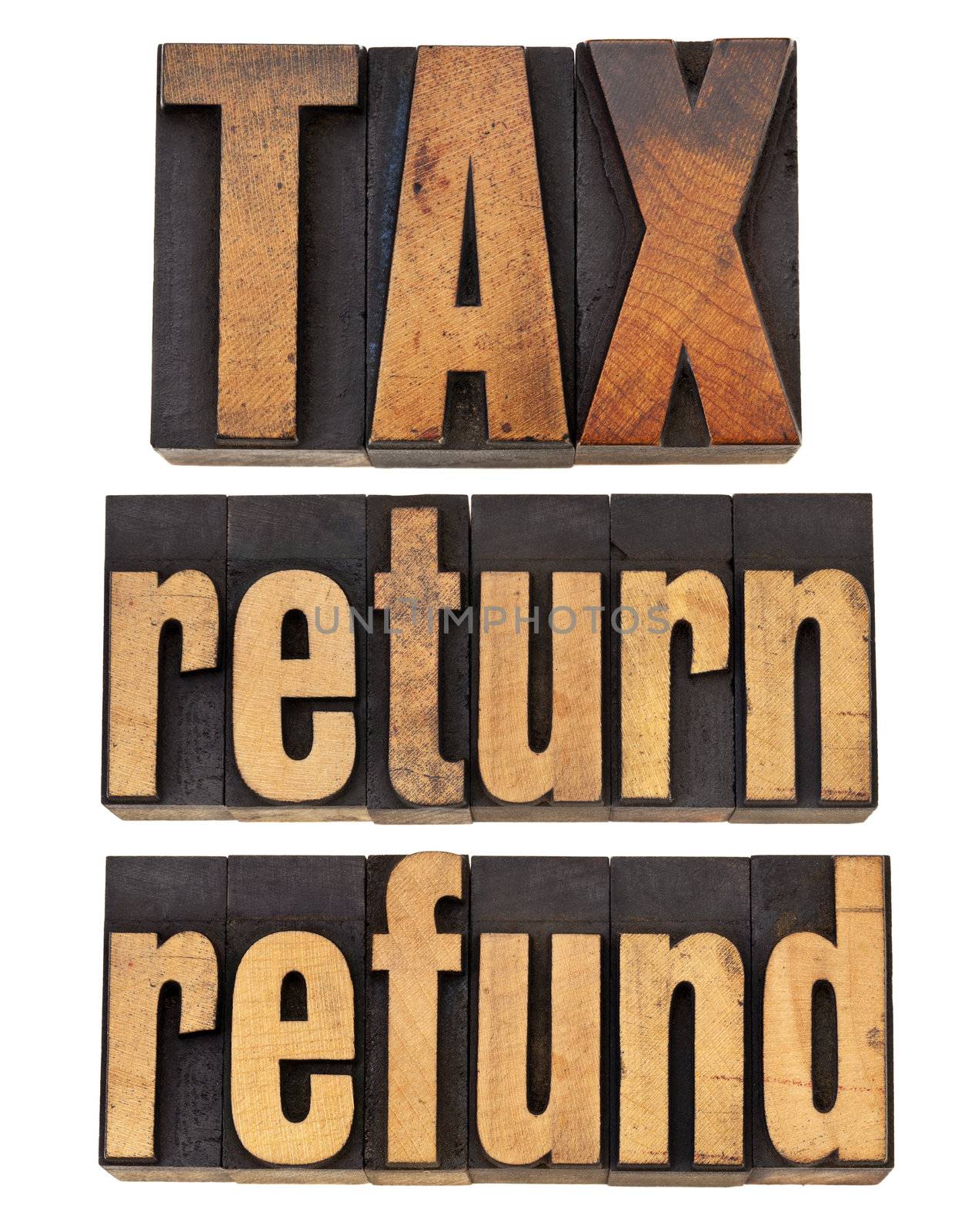 tax, return and refund - financial concept -  isolated words in vintage wood type