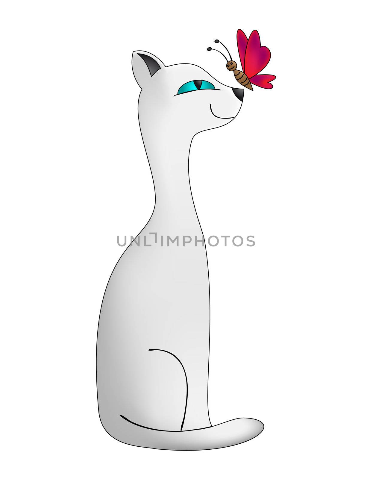 Cartoon, animals friends: white cat with a red butterfly