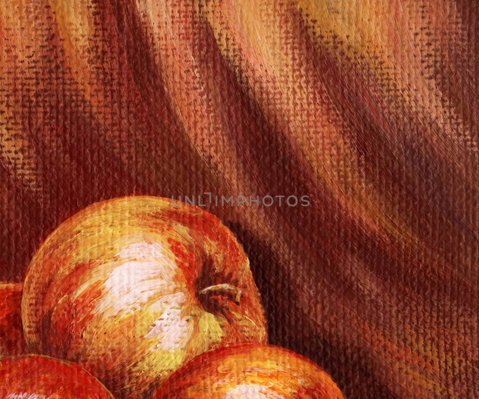 Picture, apples on the background of red cloth. Hand draw painting, oil paints on a canvas