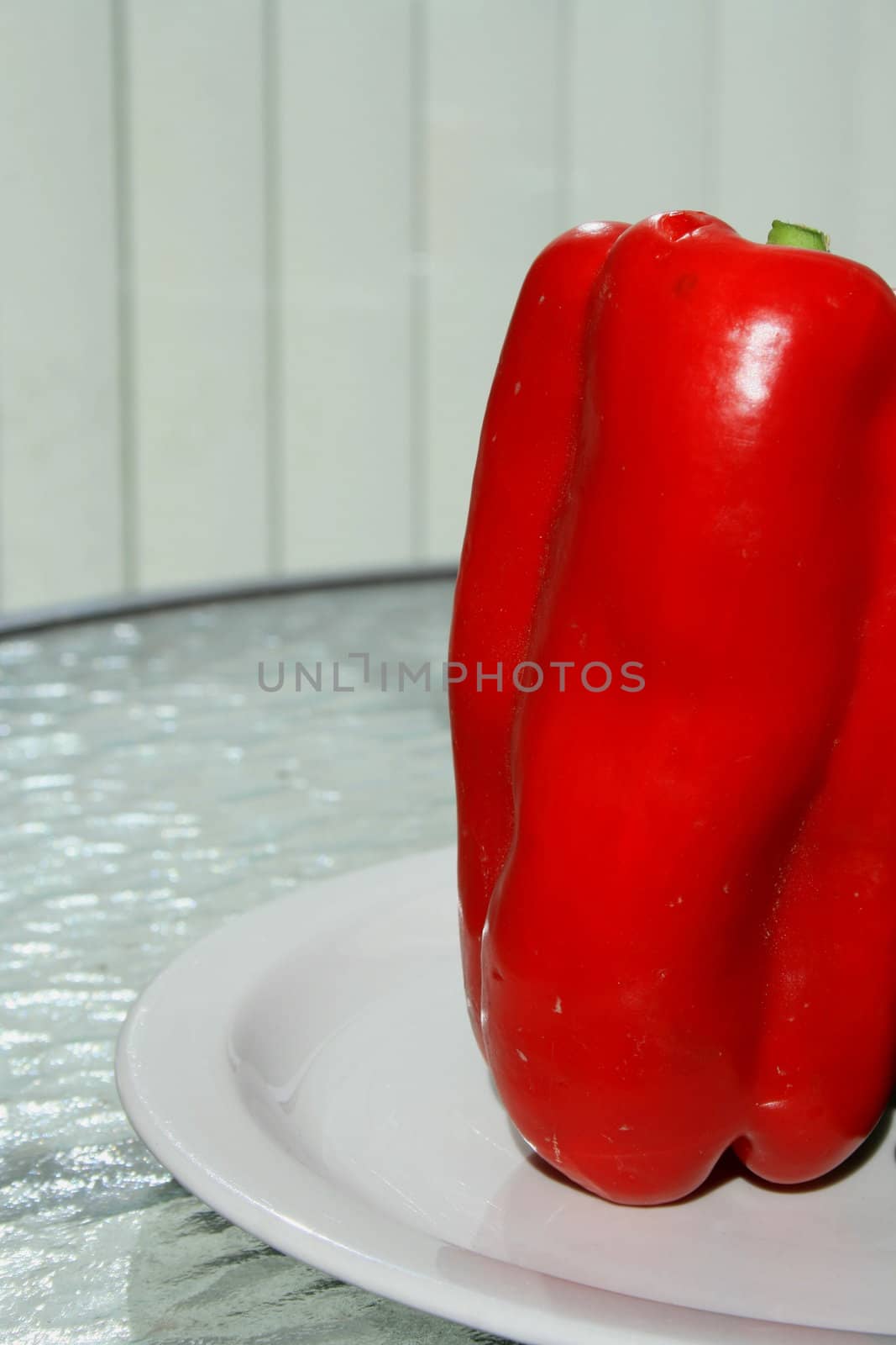 Close up of a red bell pepper on a plate.
