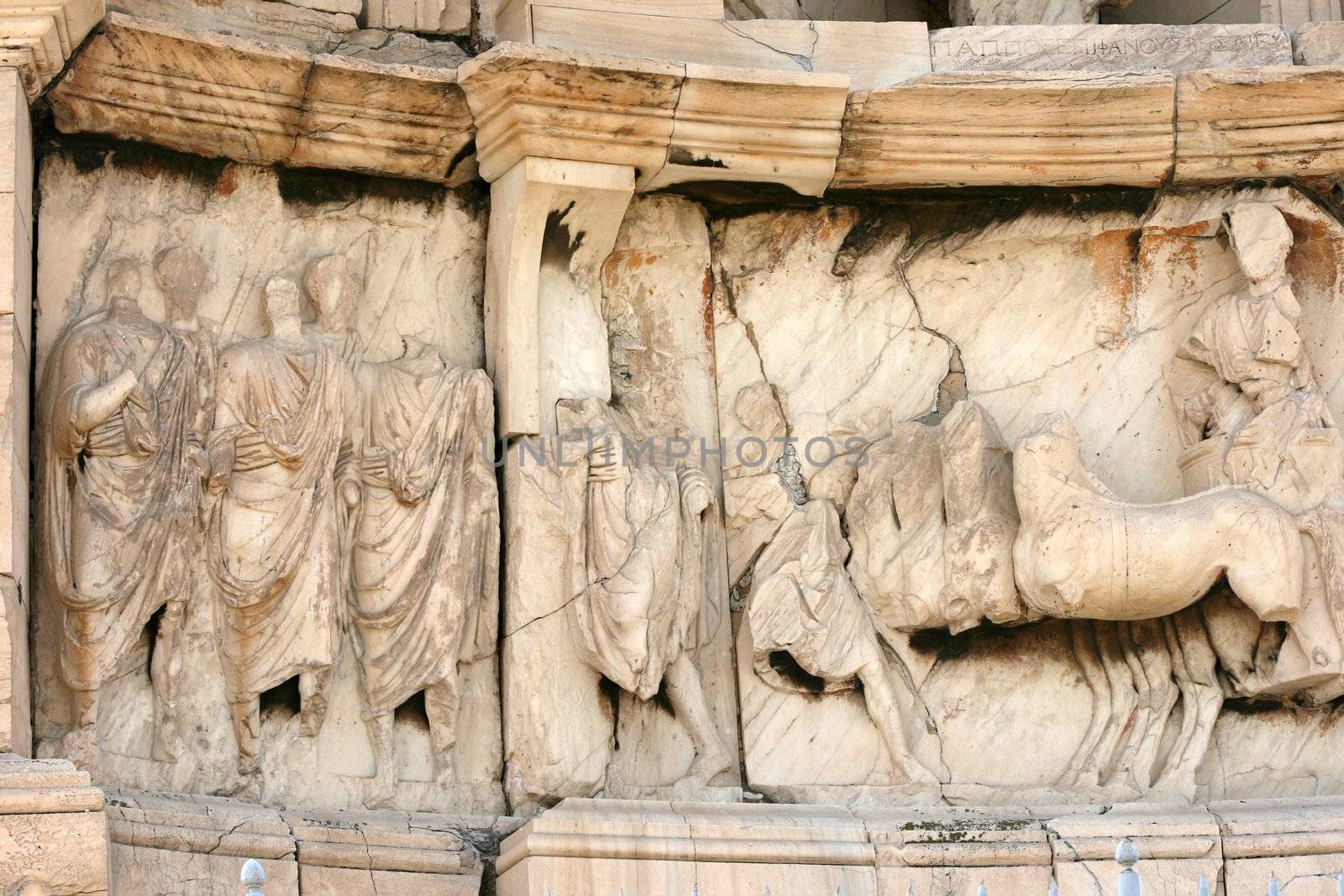 Philopappos Monument detail southwest of the Acropolis, is the tomb of Caius Julius Antiochos Philopappos landmarks of athens greece