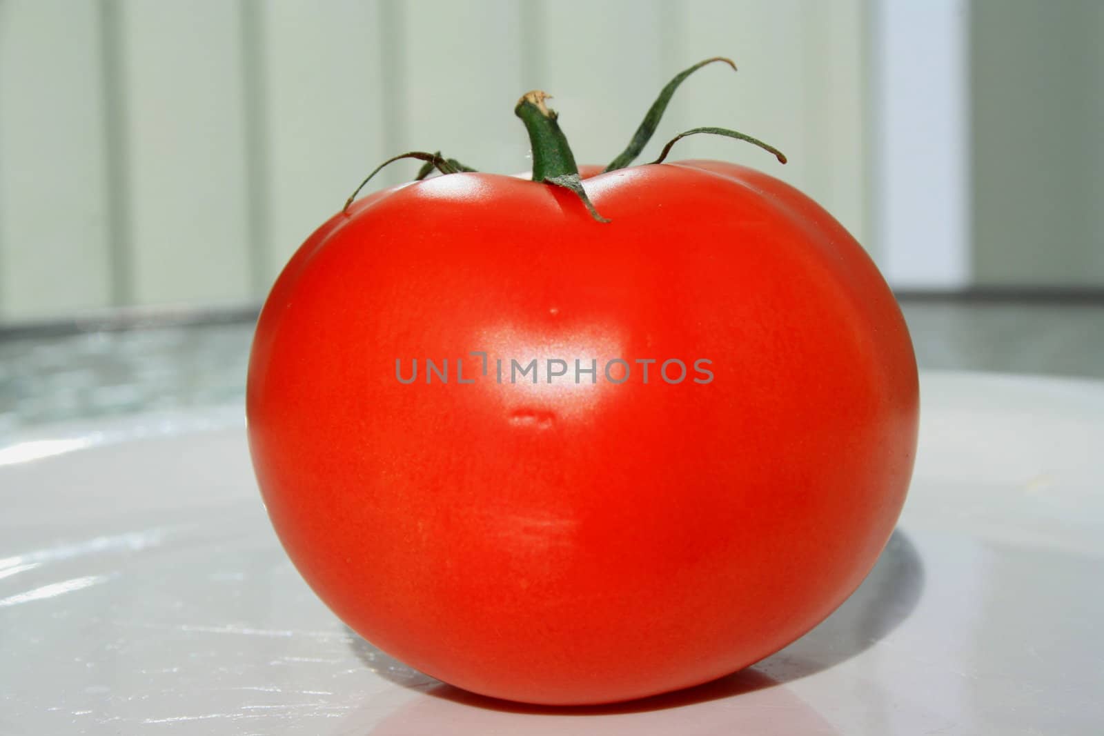 Close up of a red tomato on a plate.
