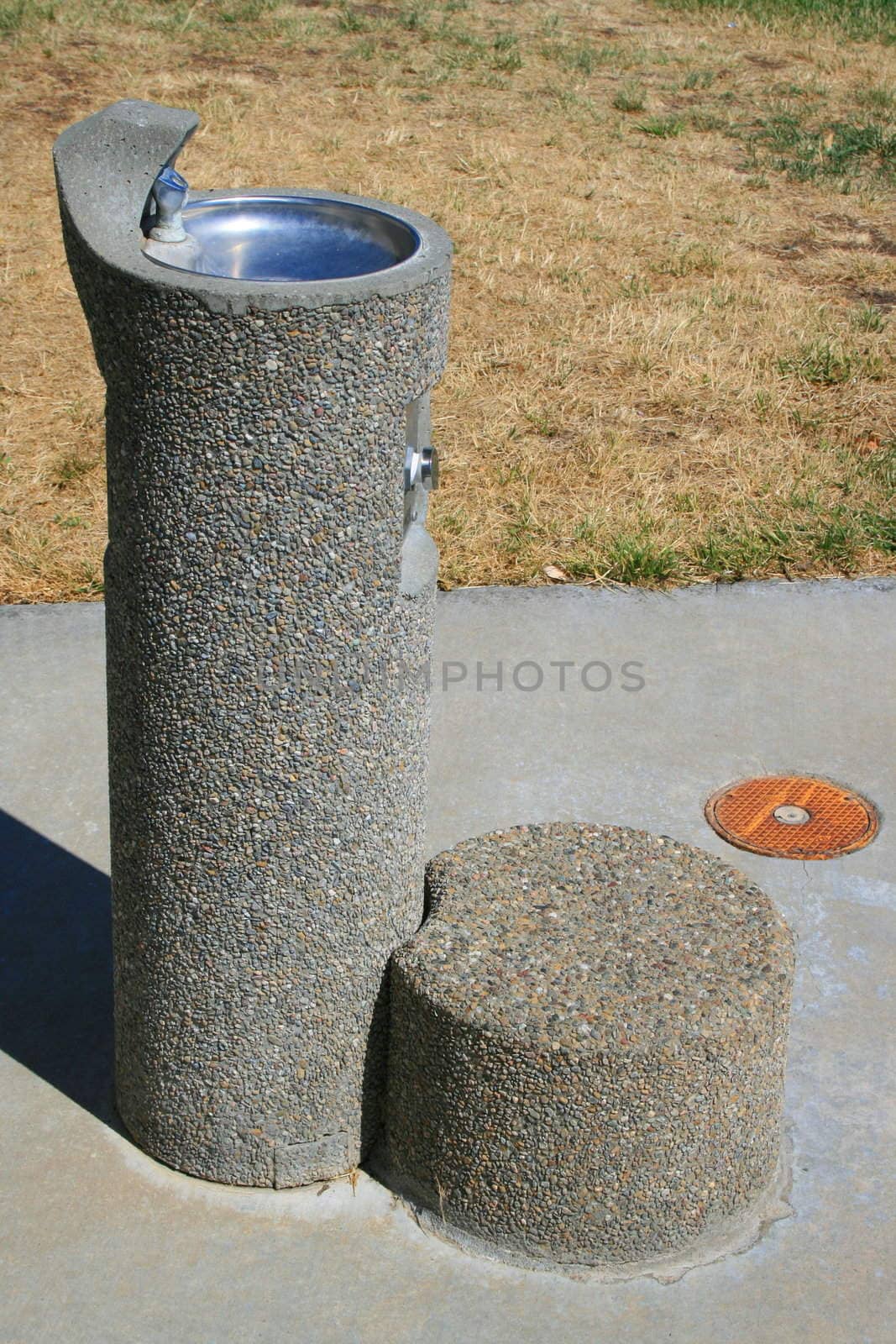 Drinking fountain for kids on a sidewalk in a park.
