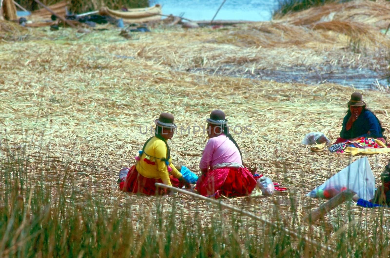 Lake Titicaca with island and boat made from totora