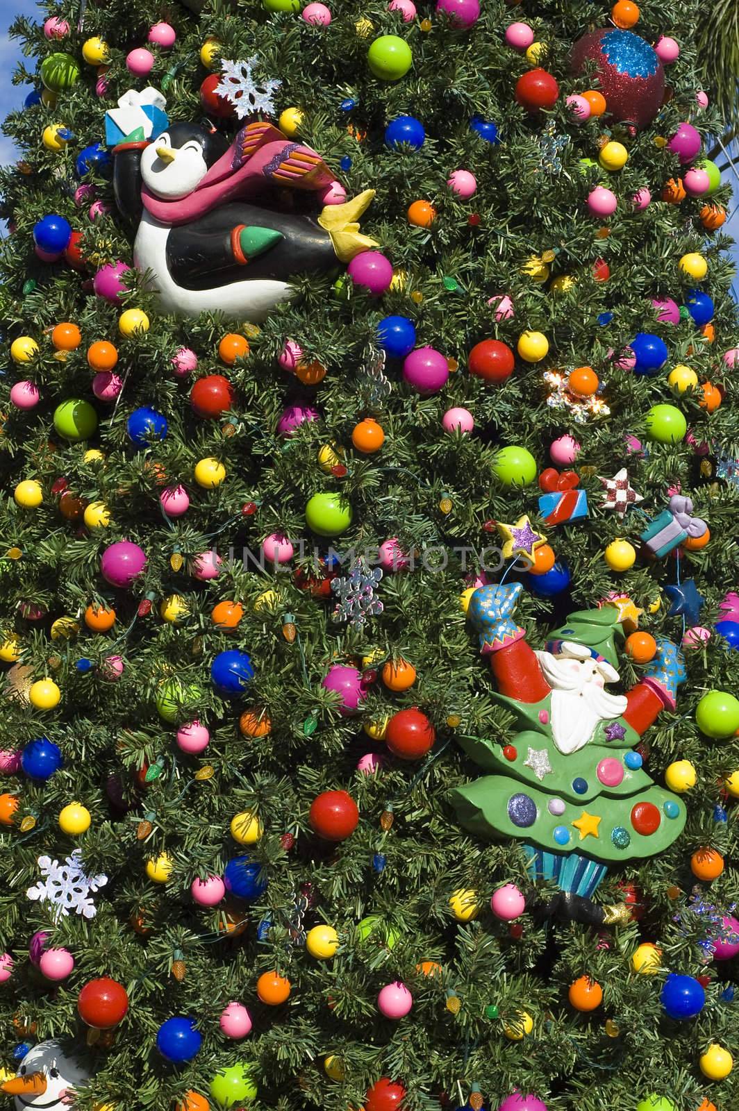 Close-up of Christmas tree decorated with ornaments outside