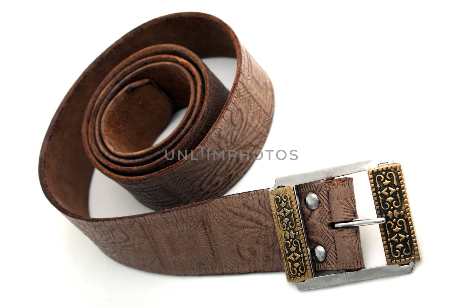 Woven brown leather belt isolated on white