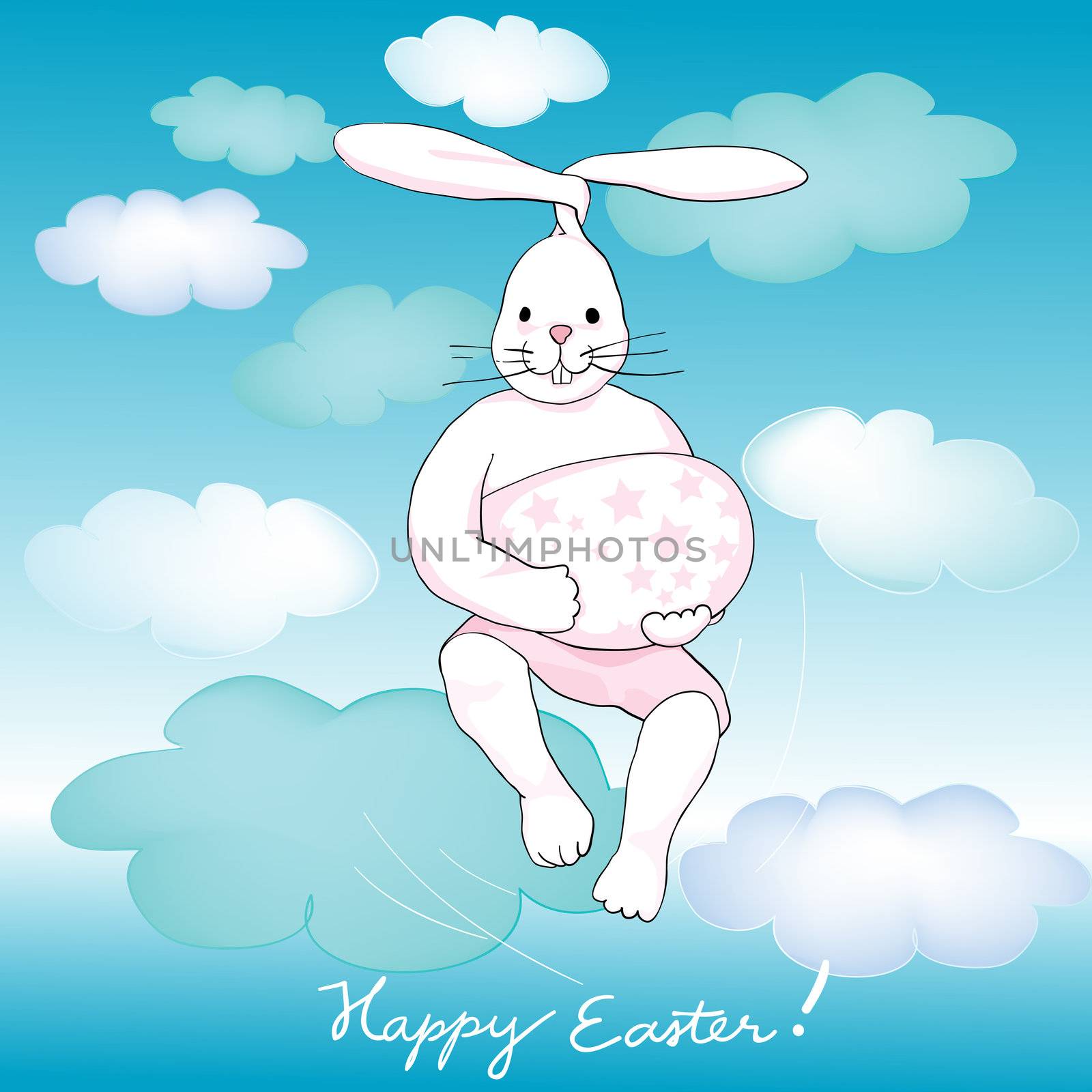 happy easter card with fantastic flying white rabbit and pink stars egg over cloudy sky 