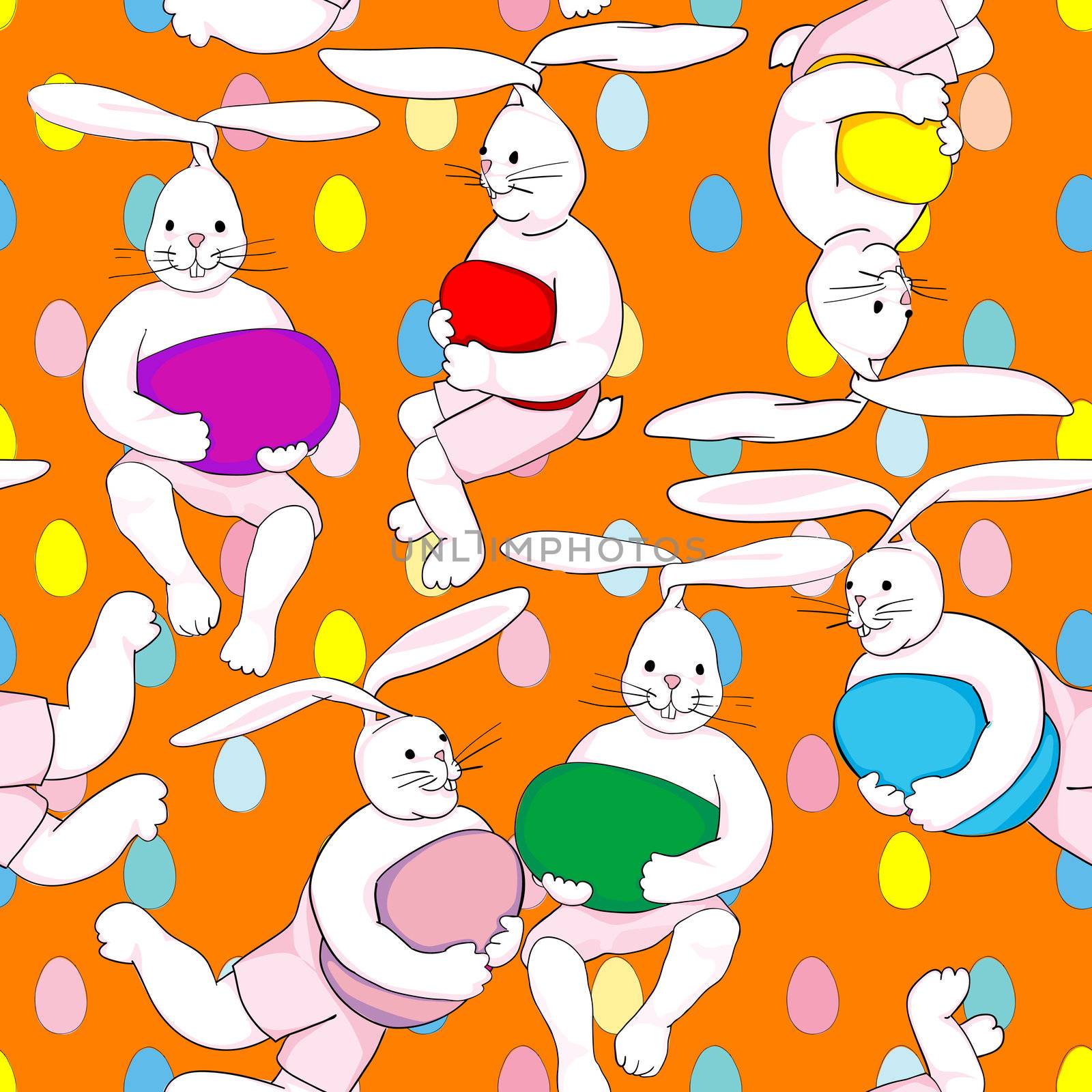 easter flying rabbit pattern over colored eggs pattern with an orange background